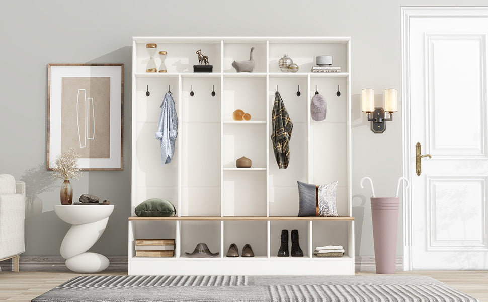 Wide Design Hall Tree With Storage Bench, Minimalist Shoe Cabinet With Cube Storage & Shelves, Multifunctional Coat Rack With 8 Hooks For Entryways, Mudroom, White White Primary Living Space