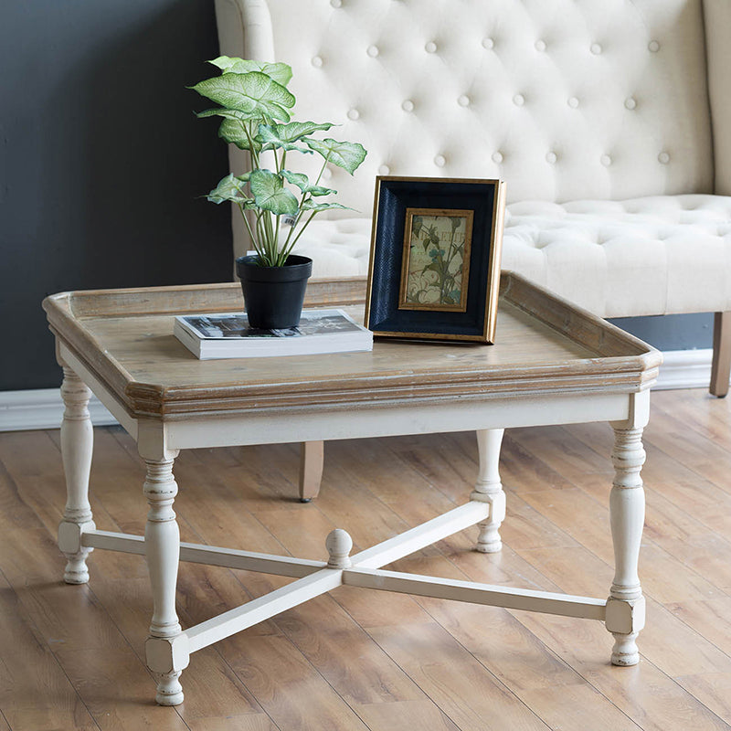 33X33X19" Square Alcott Coffee Table, French Countory Tray Table White Brown Primary Living Space American Traditional,Antique,European,French Country,Rustic Fir Wood