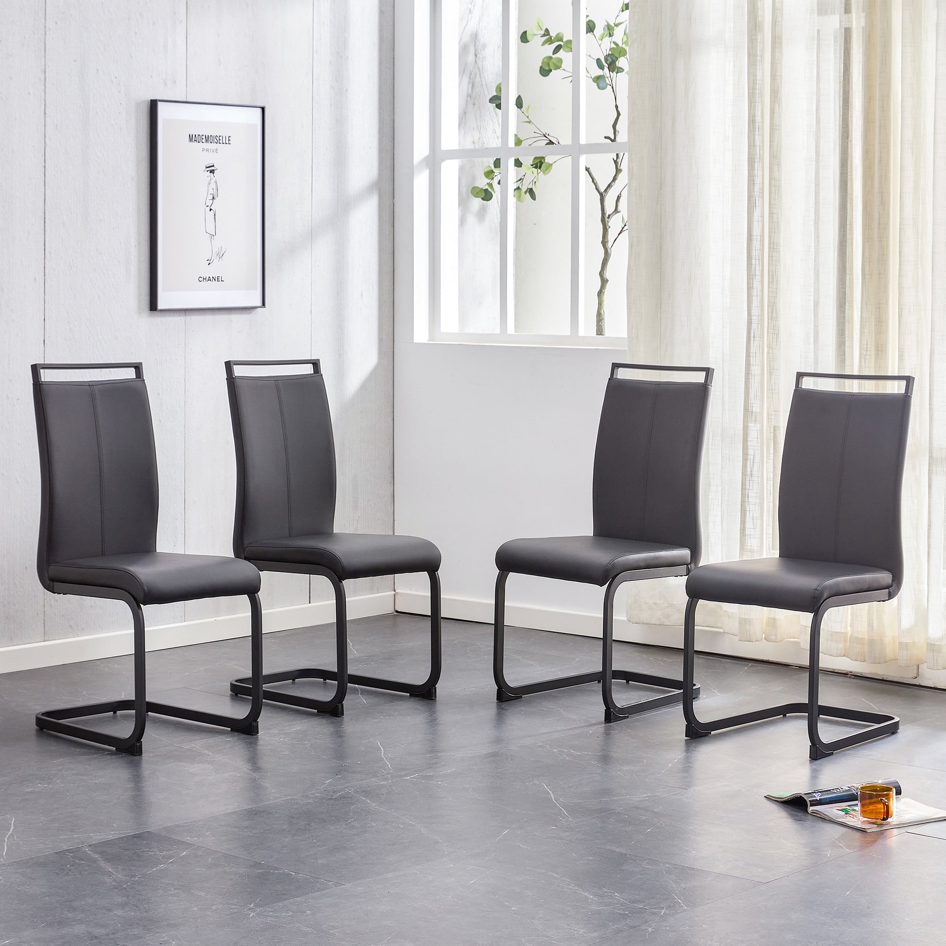 A Table And Four Chairs. The Table Features A Black Imitation Marble Pattern Tabletop And Black Gold Mdf Legs. The Chair Has A Black Pu Backrest Cushion And Black Metal Legs. F Sq C 1162 Black Gold Mdf Glass