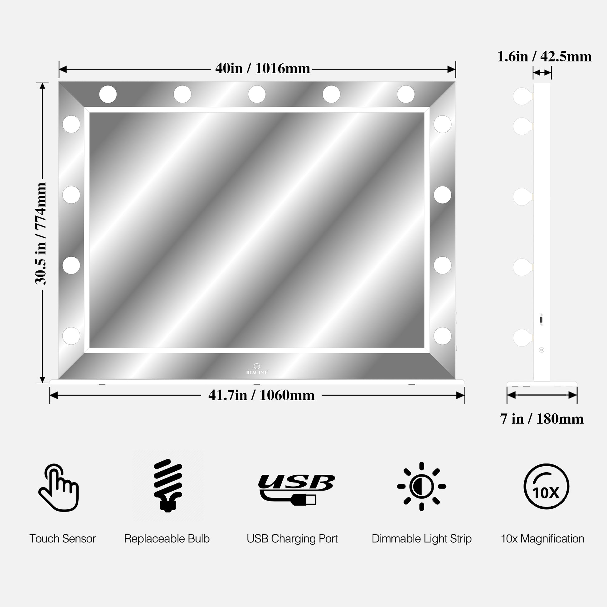 Hollywood Vanity Mirror With Uss Bulbs Luxury Vanity Mirror With Lights Large Size Makeup Mirror For Bedroom Makeup Room, Smart Touch White Lighting,40X30.5 Inch White Bedroom Aluminium