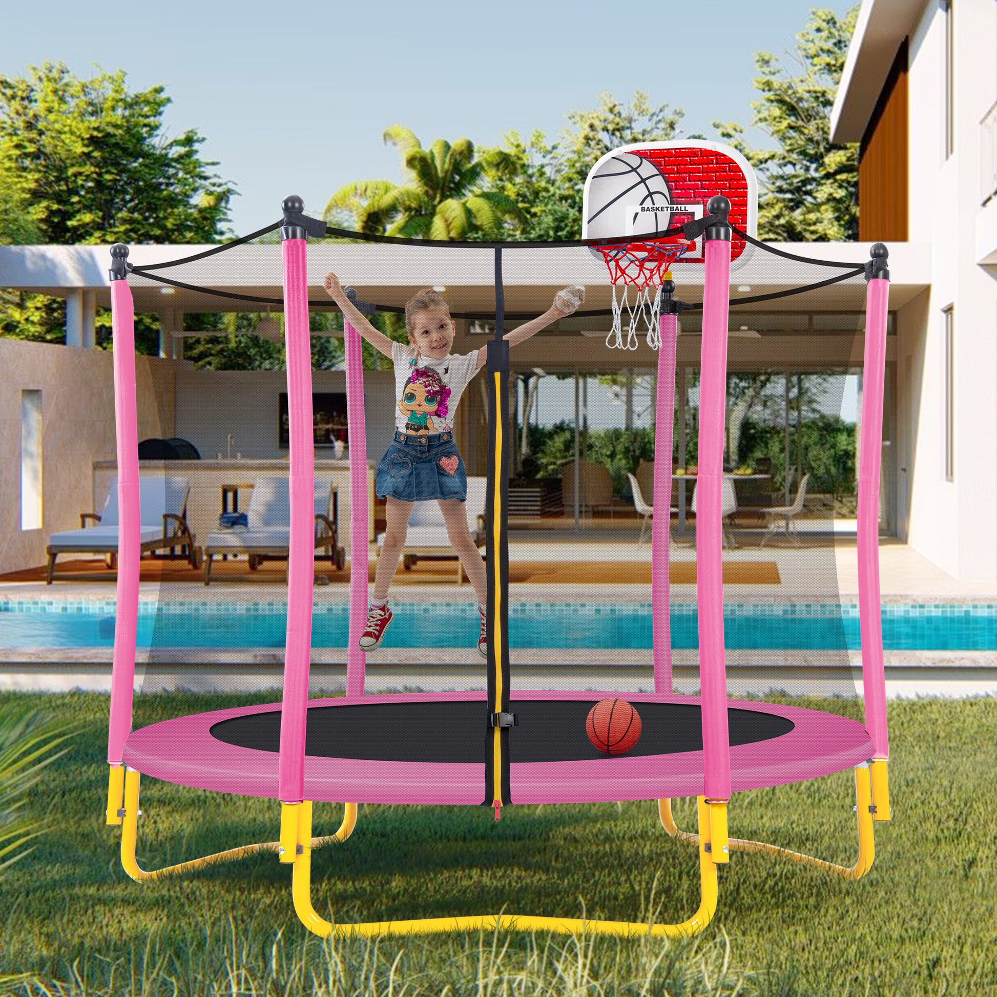 5.5Ft Trampoline For Kids 65" Outdoor & Indoor Mini Toddler Trampoline With Enclosure, Basketball Hoop And Ball Included Pink Metal