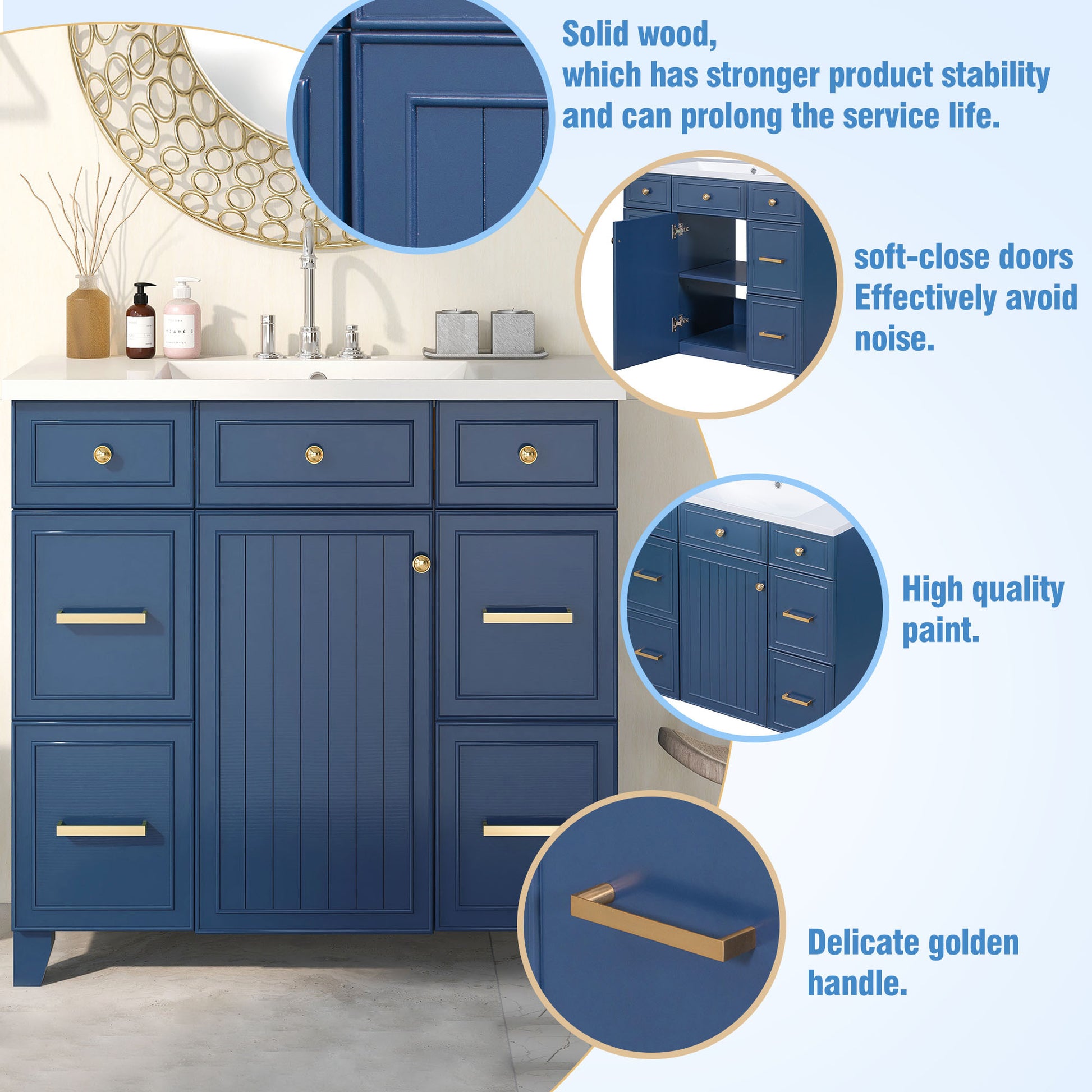 36" Bathroom Vanity Cabinet With Sink Top Combo Set, Navy Blue, Single Sink, Shaker Cabinet With Soft Closing Door And Drawer Navy Blue Solid Wood Mdf Resin