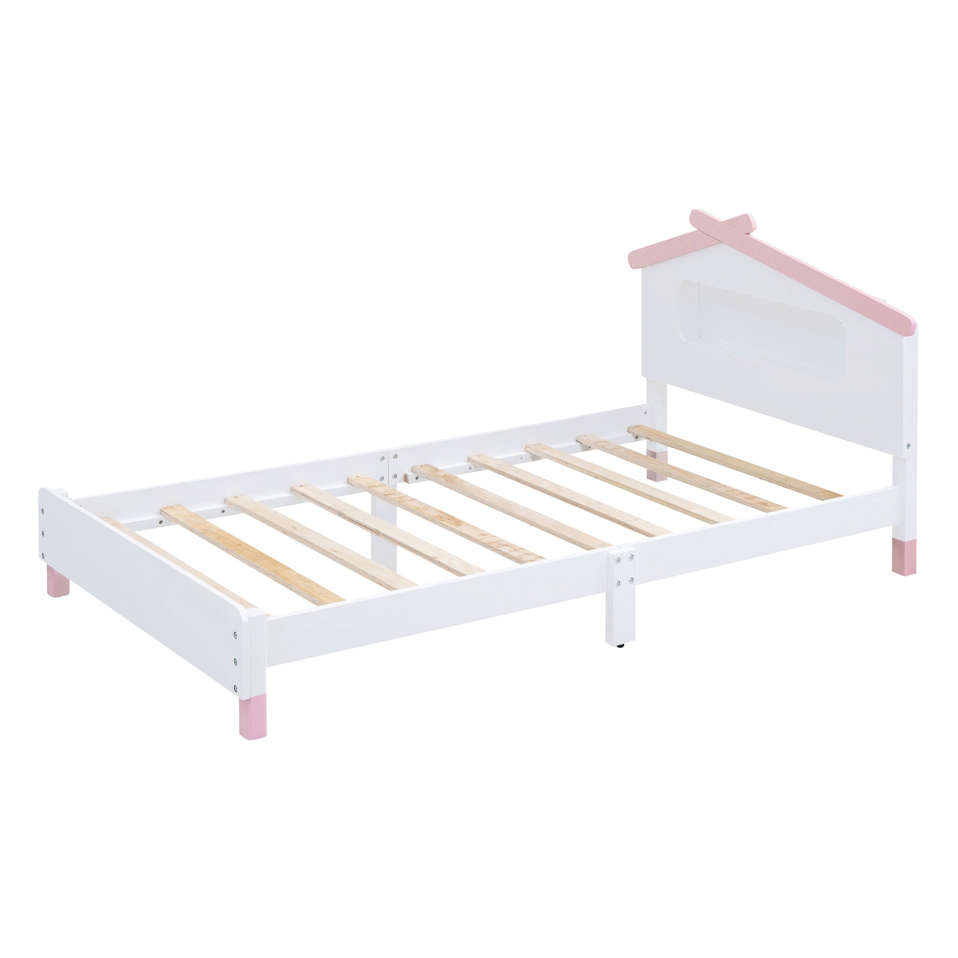 Twin Size Wood Platform Bed With House Shaped Headboard And Motion Activated Night Lights White Pink White Pink Wood