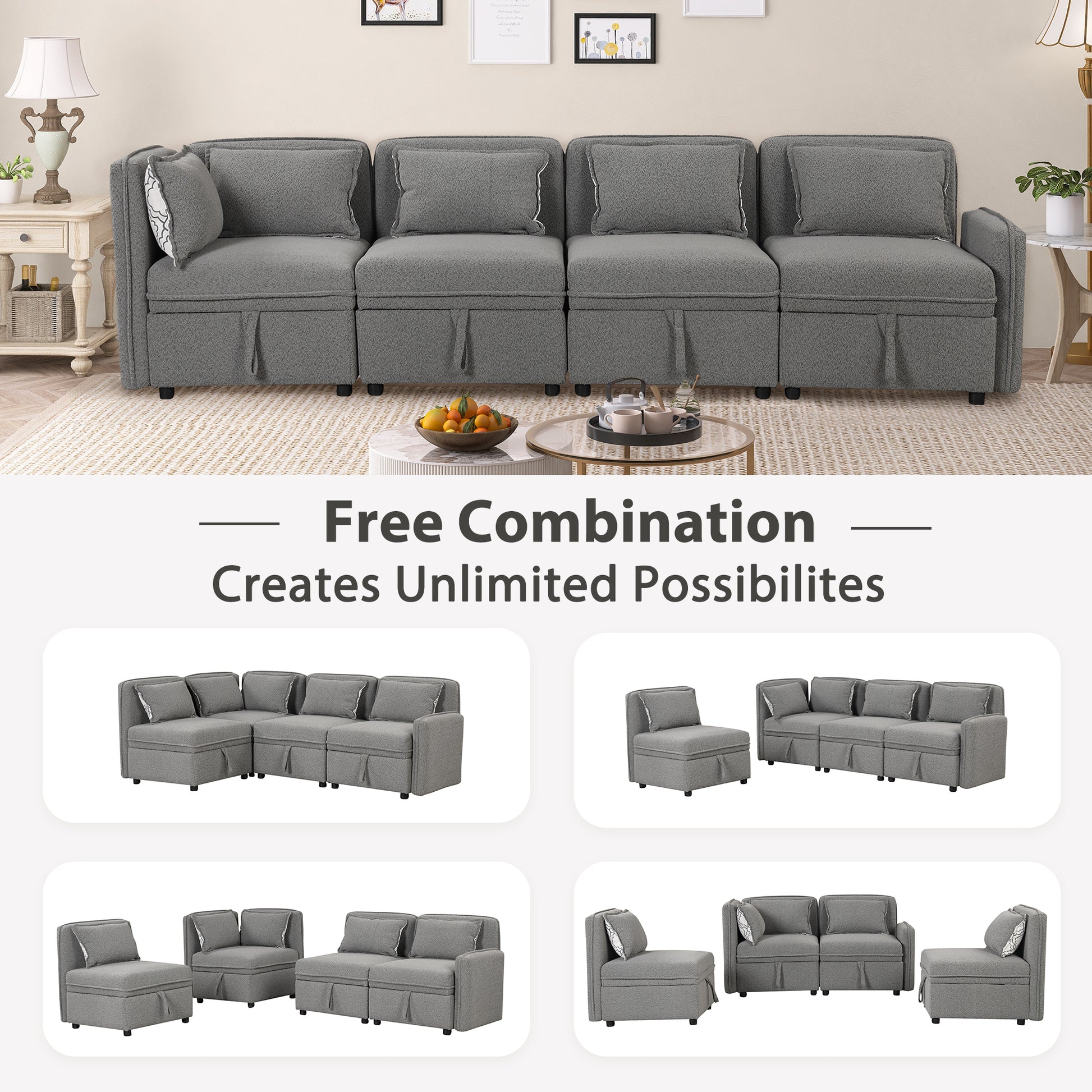 122.8" Convertible Modular Minimalist Sofa Free Combination 4 Seater Sofa Chenille Fabric Sectional Sofa With 5 Pillows For Living Room, Office, Apartment, Small Space, Gray Gray Foam Chenille 4 Seat