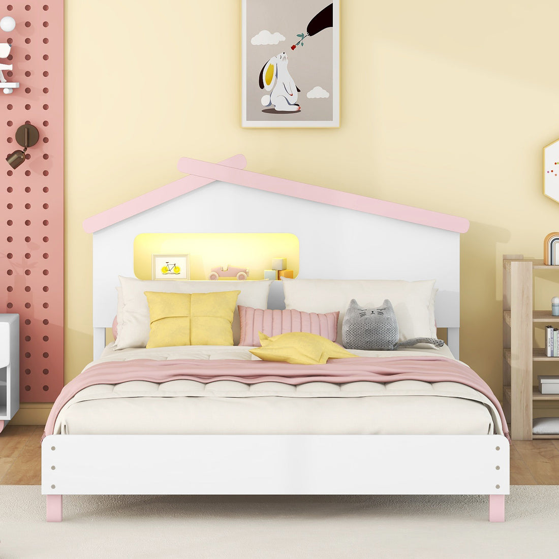 Full Size Wood Platform Bed With House Shaped Headboard And Motion Activated Night Lights White Pink White Pink Wood