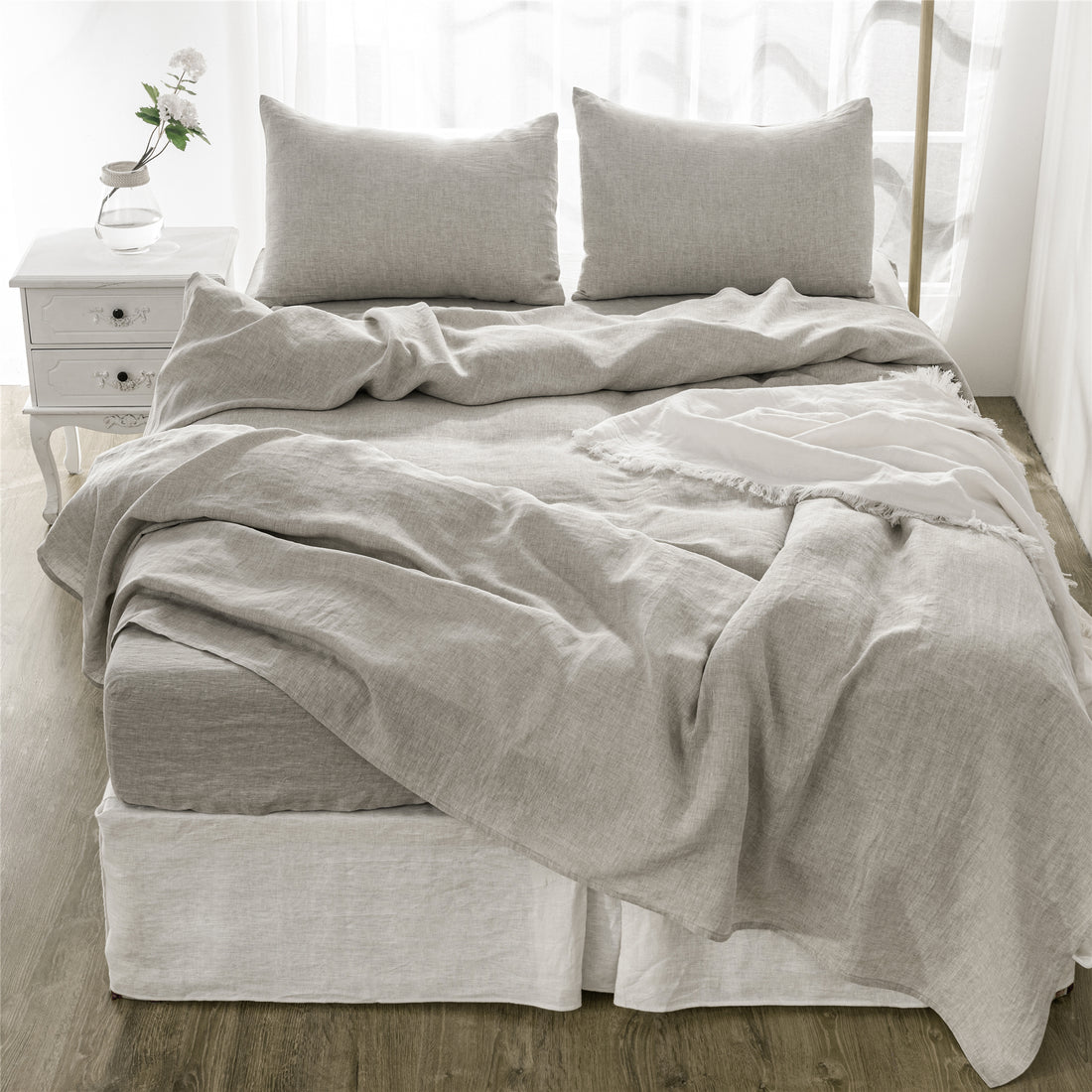 4 Pcs King Bedding Set, Premium Linen Bedding Sheets & Pillowcases, Bed In A Bag King Size Bed Set, Greige Bedding Sheet & Pillowcase Sets Greige Linen Linen