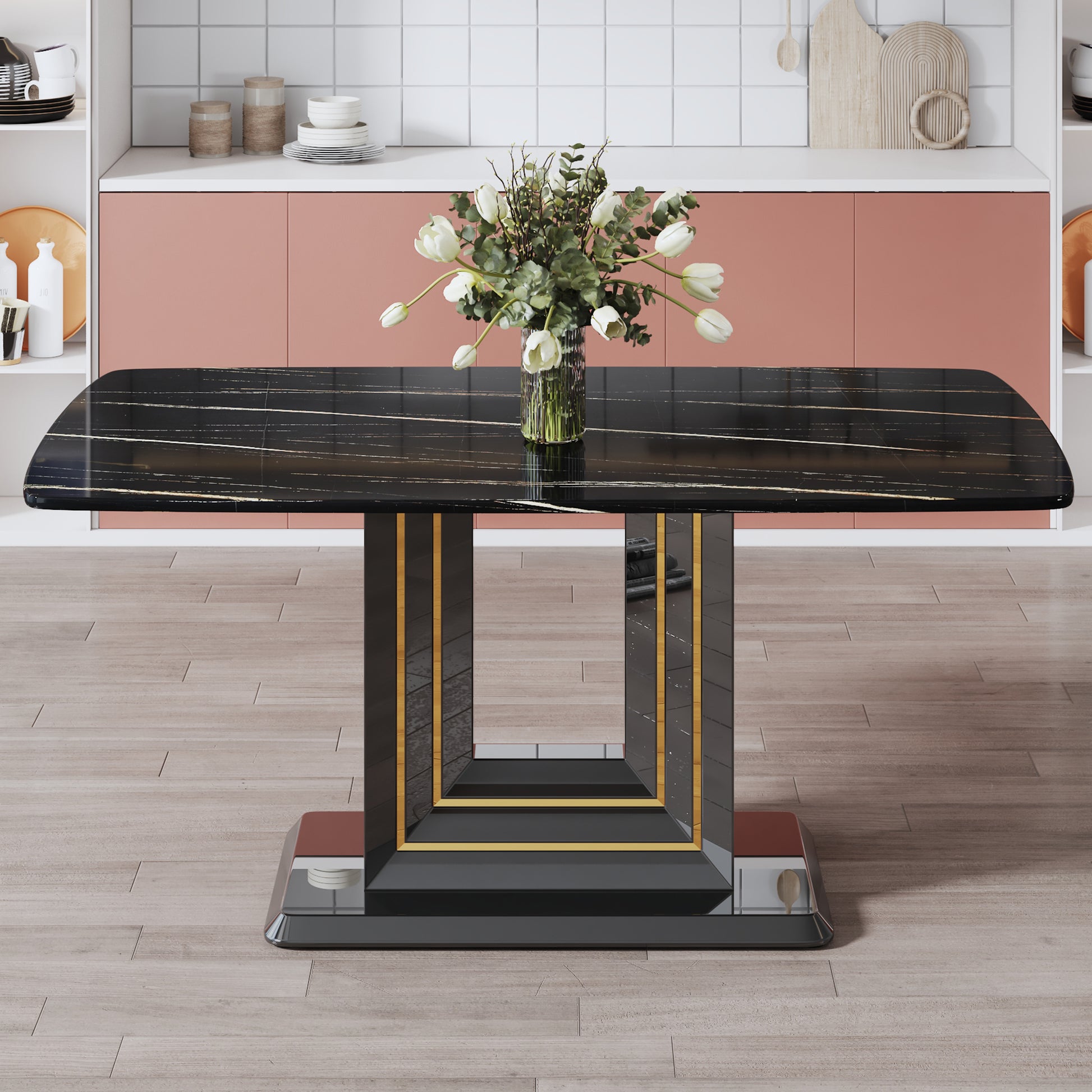 Table And Chair Set, 1 Table, 4 Pu Chairs. Black Imitation Marble Pattern Desktop. Black Mdf Table Legs. Chair With Orange Dark Gray Dual Tone Pu Leather Backrest And Black Metal Legs F Sq C 007 Black Mdf Glass