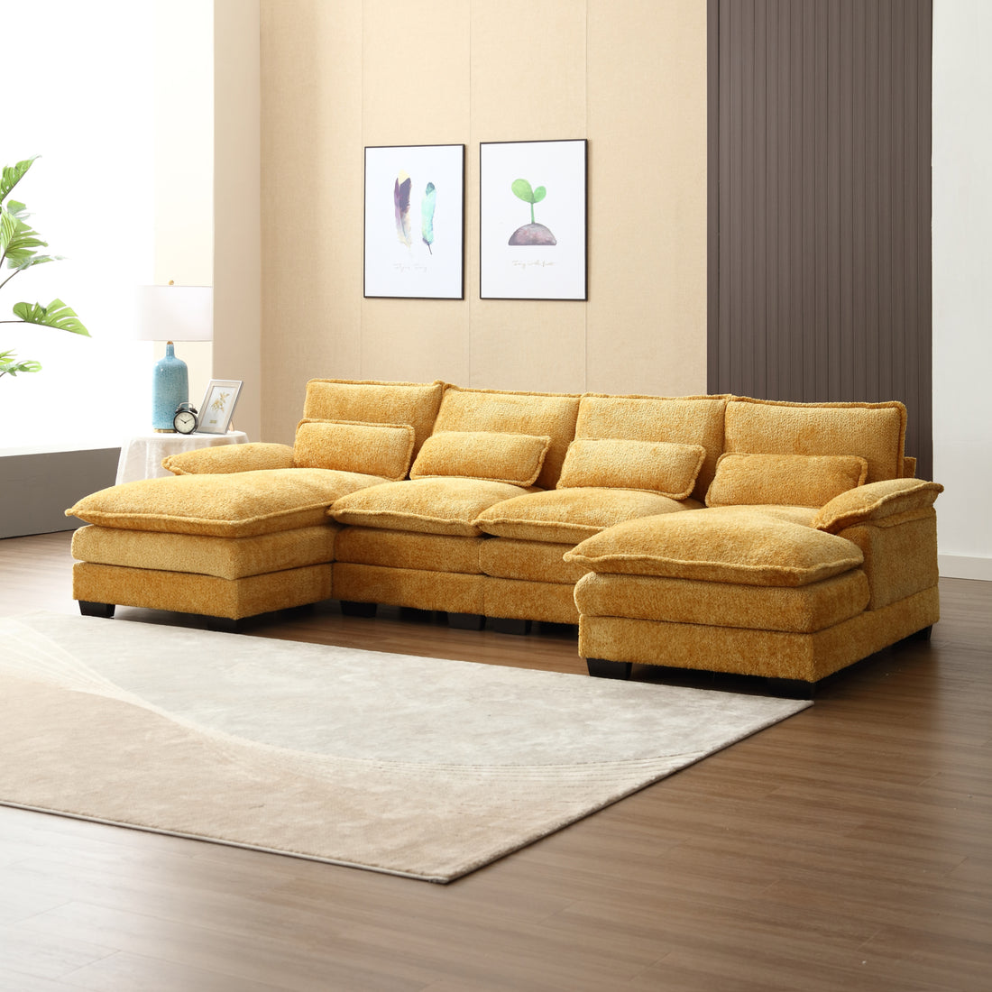 United We Win Modern Large Chenille Fabric U Shape Sectional Sofa Mustard Yellow Boucle