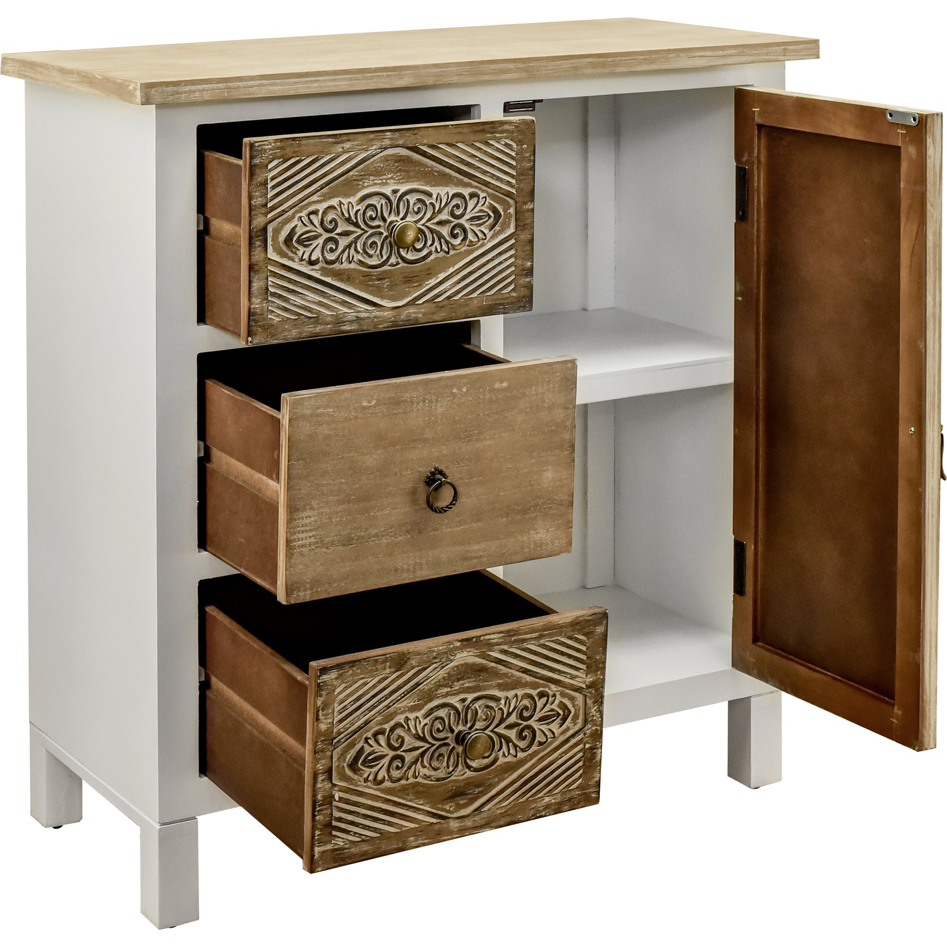 Hand Carved Accent Cabinet With Vintage Charm Versatile Storage And Distinctive Design Fully Assembled 3 4 Drawers White Washed Primary Living Space Shelves Included Wood