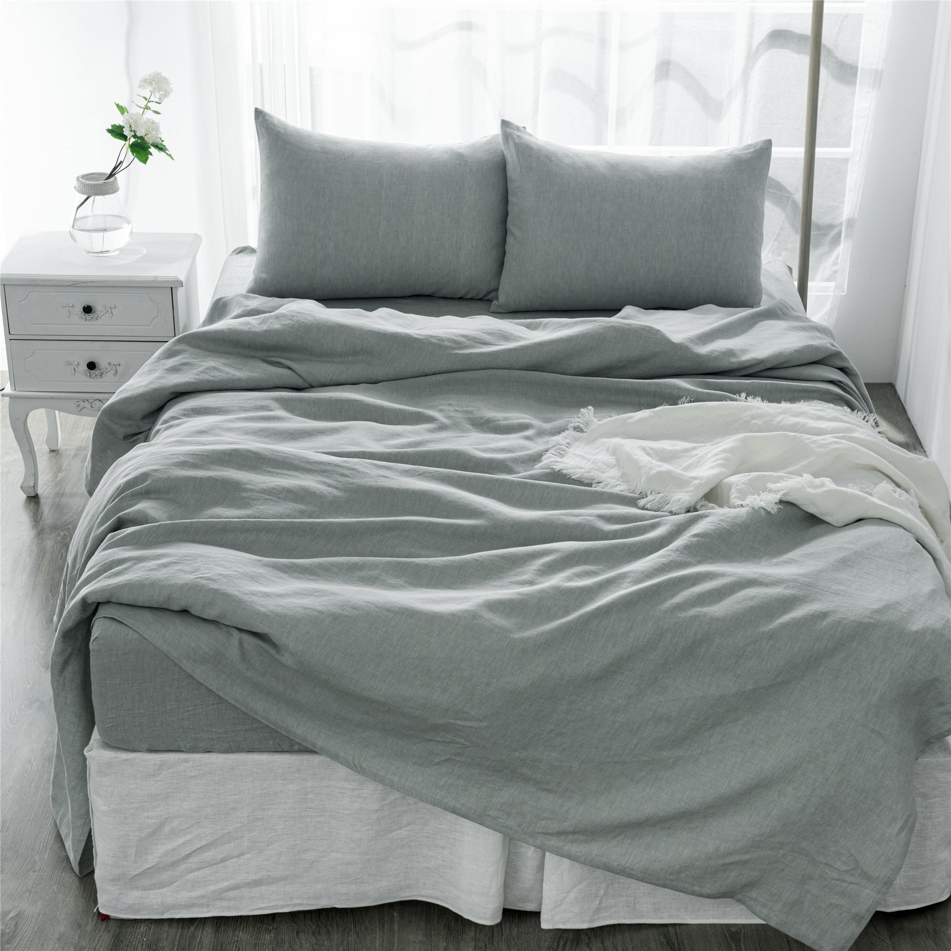 4 Pcs California King Bed Set, Premium Linen Bedding Sheets & Pillowcases, California King Bed In A Bag, Sea Glass Bedding Sheet & Pillowcase Sets Grey Linen Linen