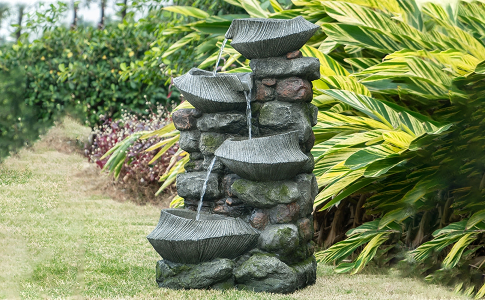 19X15X31.5" Indoor Outdoor Stone Water Fountain, 4 Tier Polyresin Cascading Rock Bowl Freestanding Fountain With Led Ligh Grey Garden & Outdoor Rustic,Traditional Polyresin