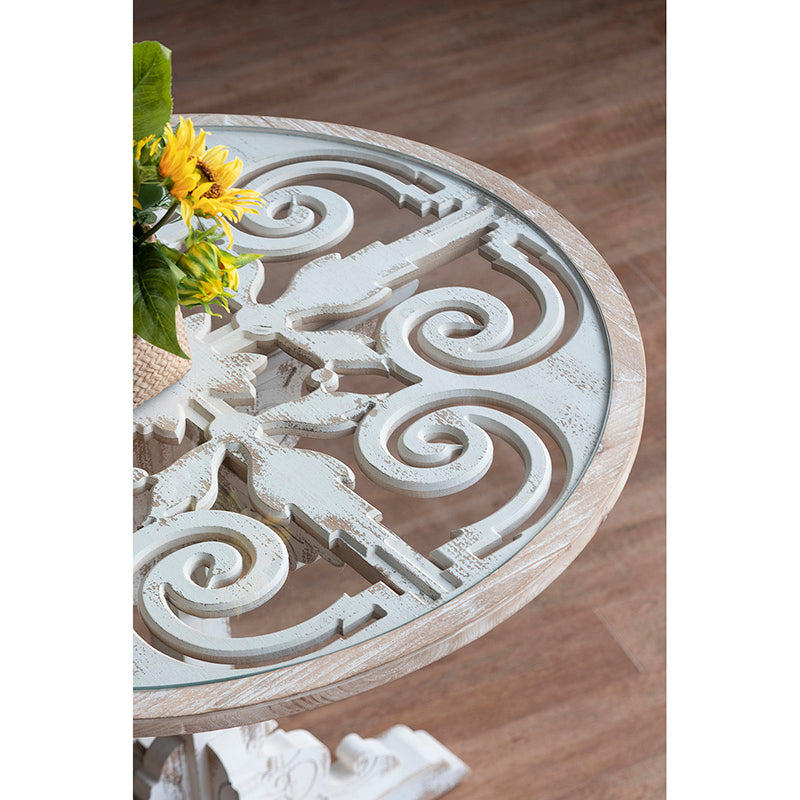 24X28.5" Round Wooden Carved Table, Distressed White Finish Design Antique White Primary Living Space Antique,French Country,Retro,Rustic,Vintage Wood