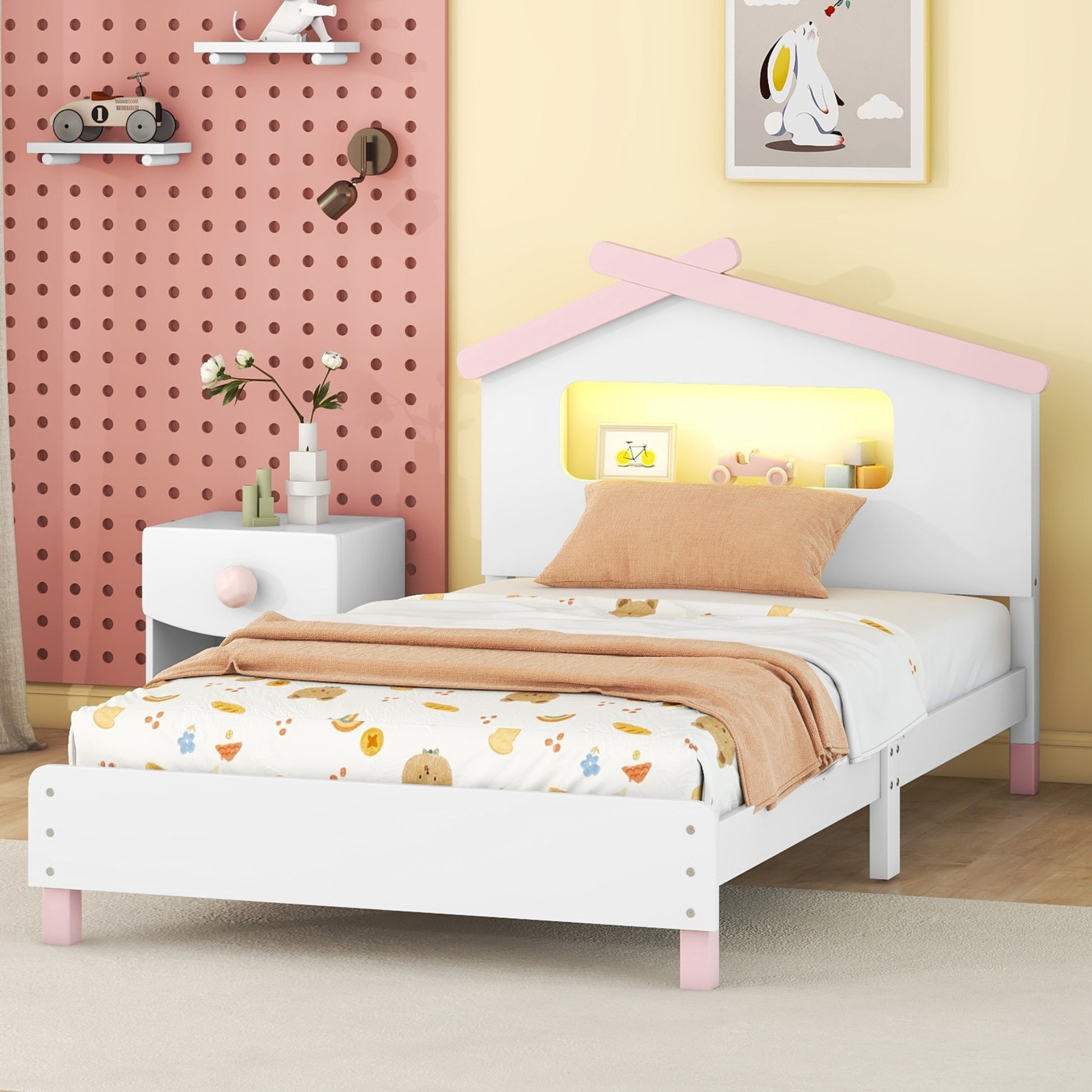 Twin Size Wood Platform Bed With House Shaped Headboard And Motion Activated Night Lights White Pink White Pink Wood