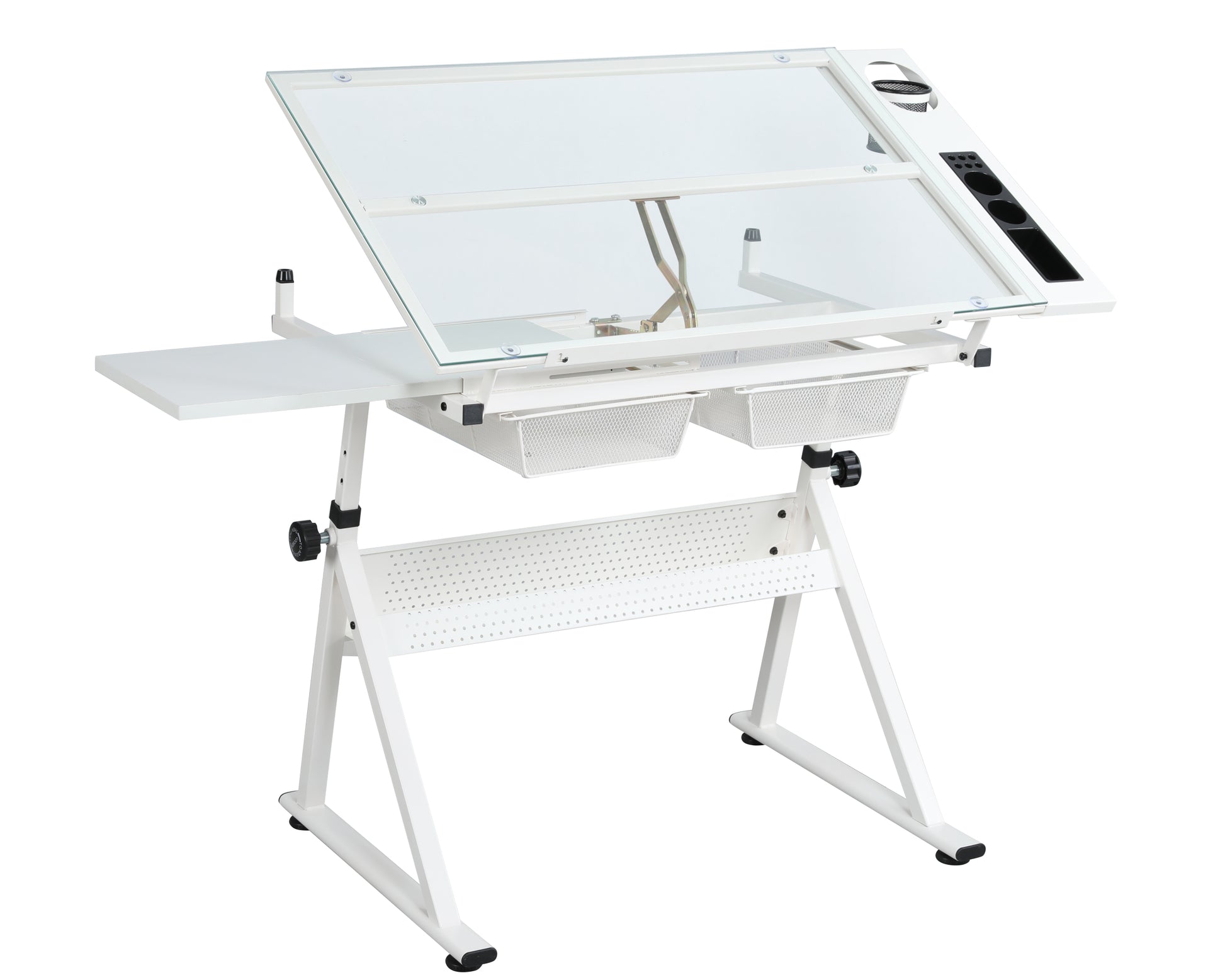 White Adjustable Tempered Glass Drafting Printing Table With Chair White Steel