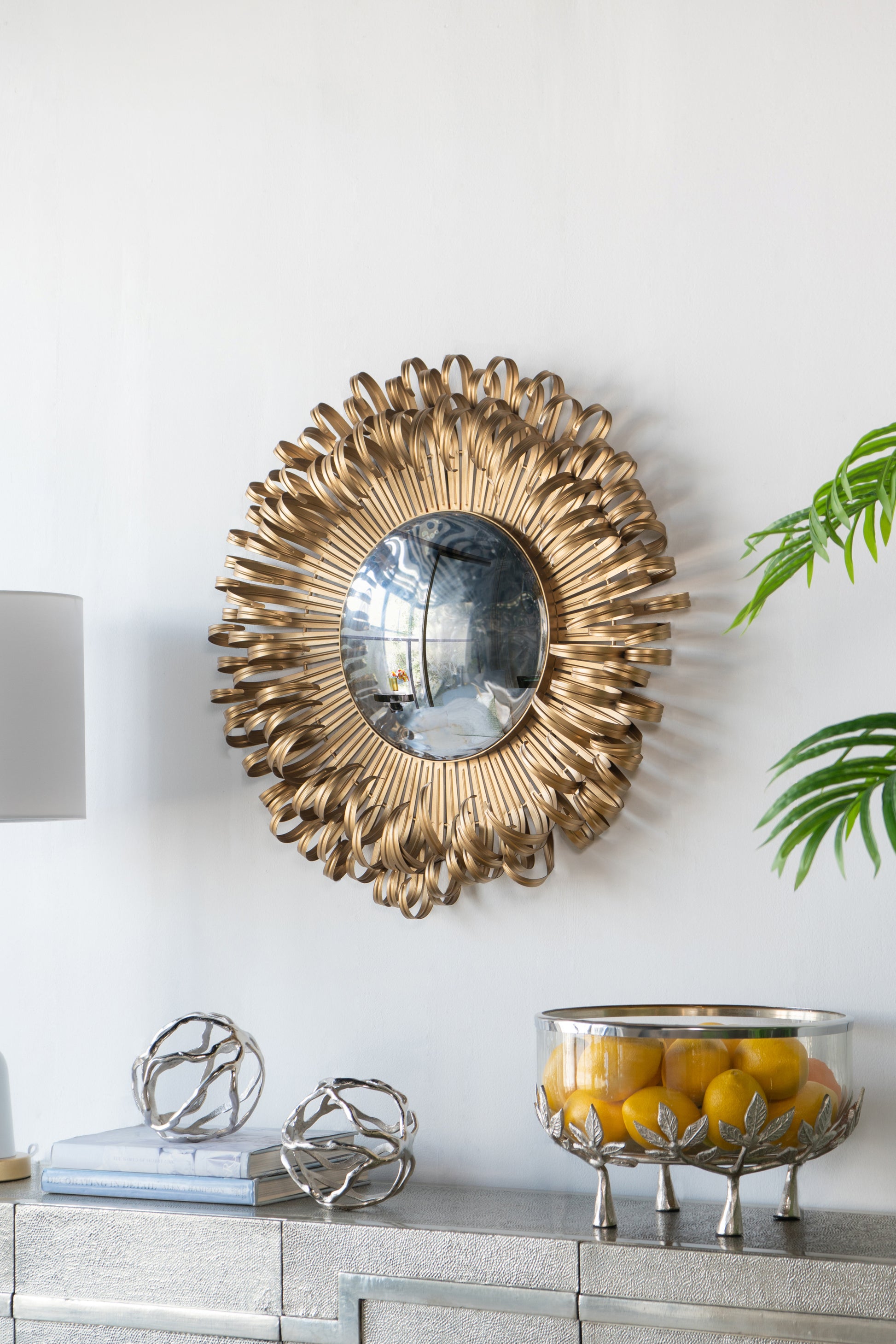 27" In Sunburst Design Wall Mirror Decorative Golden Finish For Entryway, Modern Living Room Gold Iron