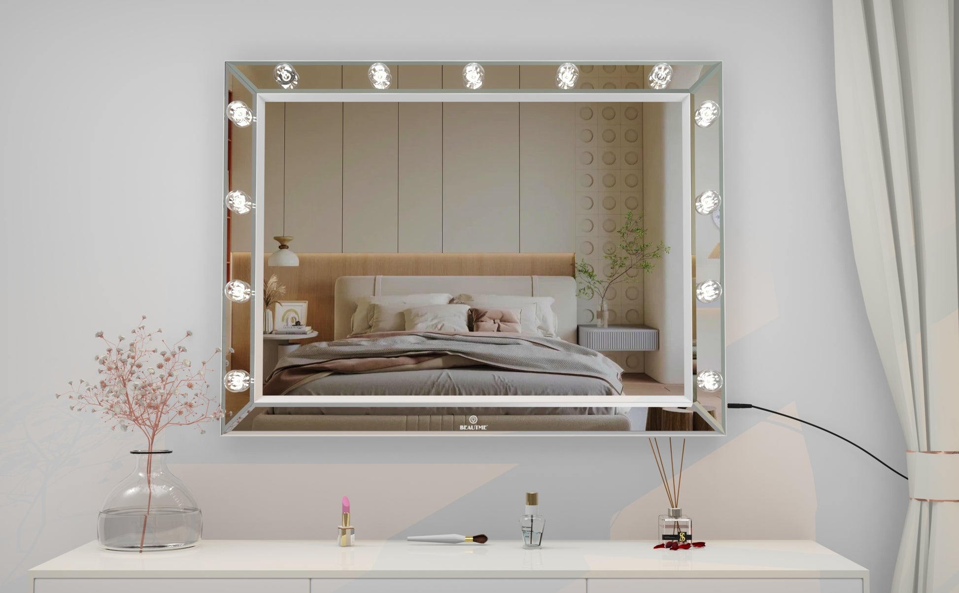 Hollywood Vanity Mirror With Uss Bulbs Luxury Vanity Mirror With Lights Large Size Makeup Mirror For Bedroom Makeup Room, Smart Touch White Lighting,40X30.5 Inch White Bedroom Aluminium