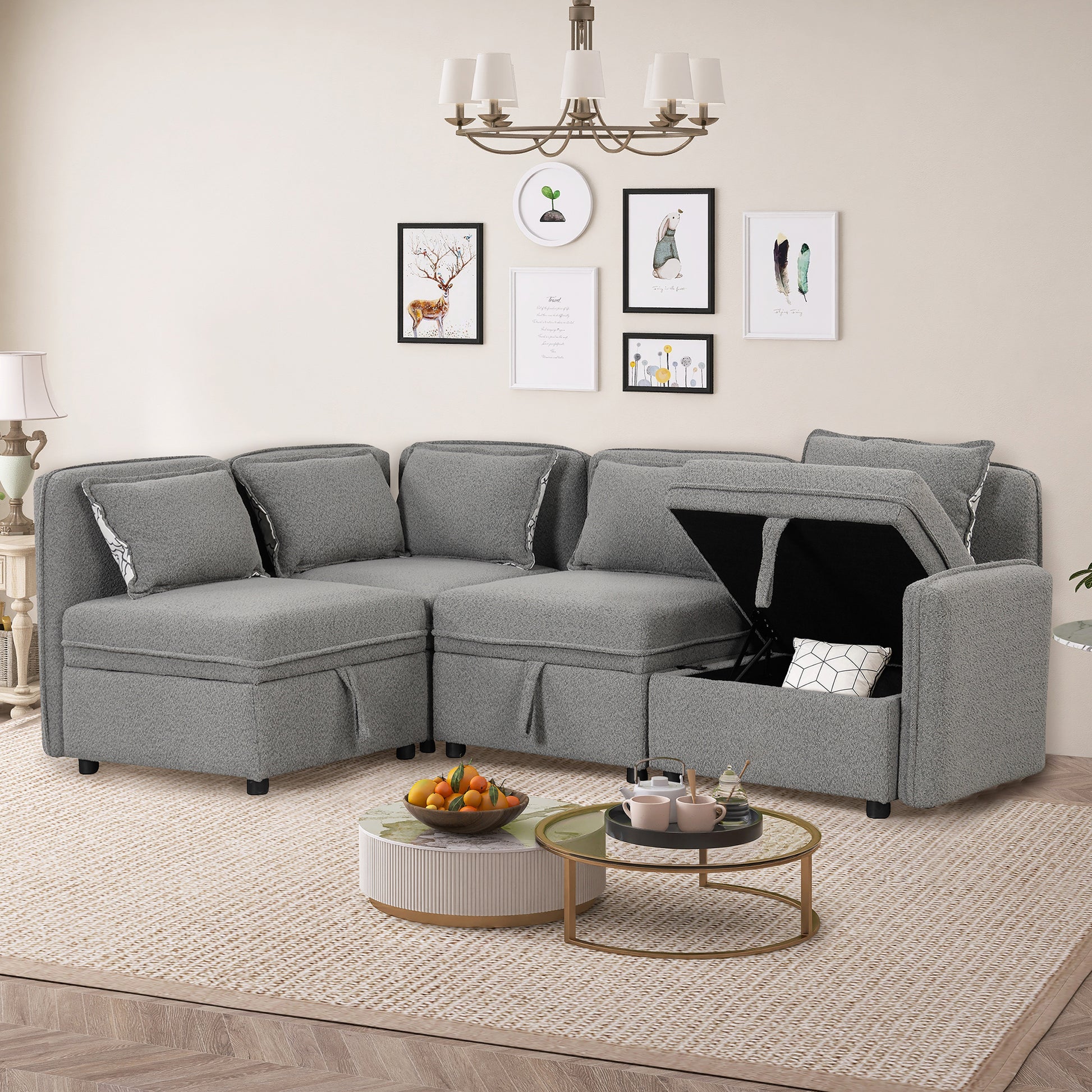 122.8" Convertible Modular Minimalist Sofa Free Combination 4 Seater Sofa Chenille Fabric Sectional Sofa With 5 Pillows For Living Room, Office, Apartment, Small Space, Gray Gray Foam Chenille 4 Seat