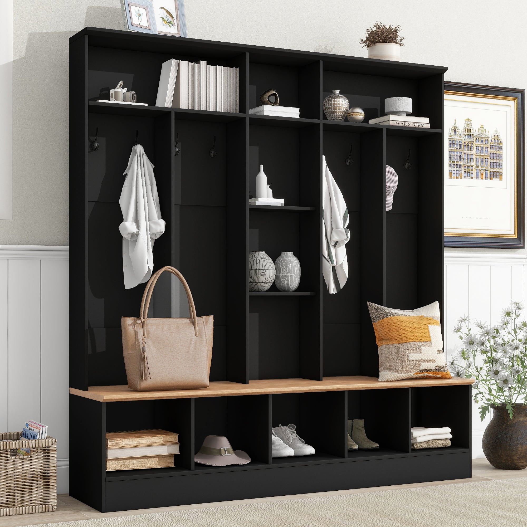 Wide Design Hall Tree With Storage Bench, Minimalist Shoe Cabinet With Cube Storage & Shelves, Multifunctional Coat Rack With 8 Hooks For Entryways, Mudroom, Black High Back Black Primary Living Space Cubby Particle Board