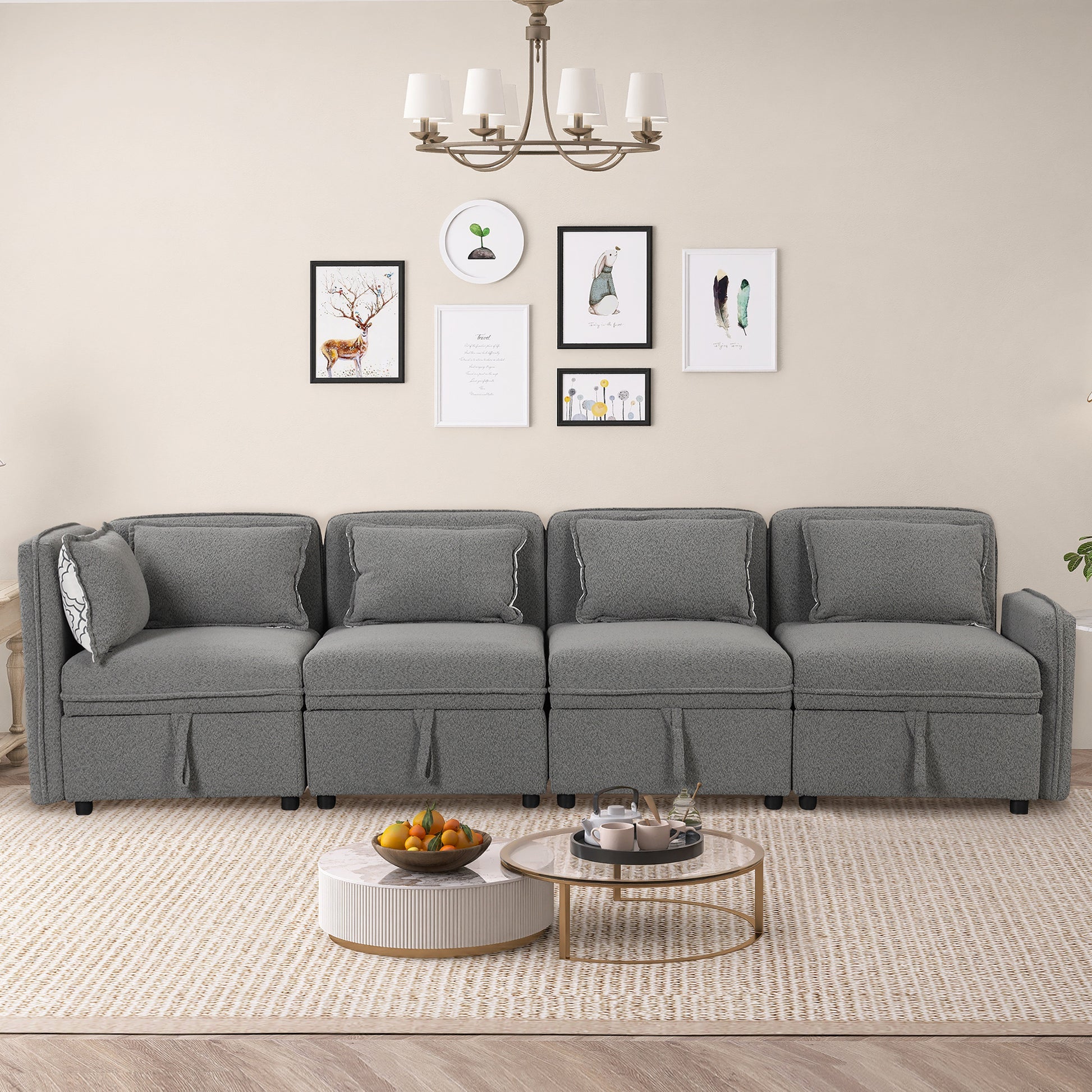 122.8" Convertible Modular Minimalist Sofa Free Combination 4 Seater Sofa Chenille Fabric Sectional Sofa With 5 Pillows For Living Room, Office, Apartment, Small Space, Gray Gray Foam Chenille 4 Seat