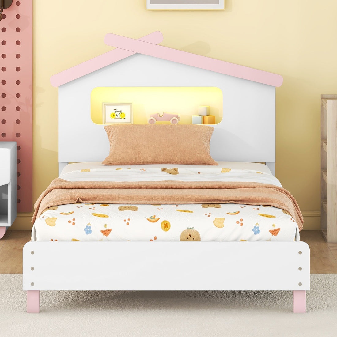 Twin Size Wood Platform Bed With House Shaped Headboard And Motion Activated Night Lights White Pink White Pink Wood