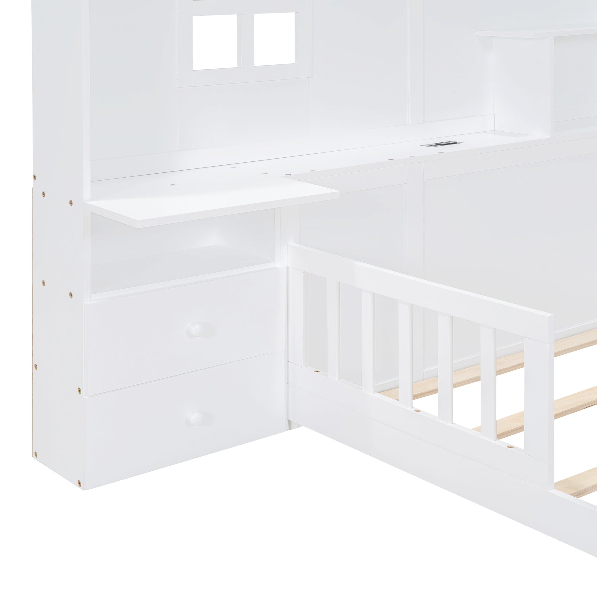 Full Size House Bed With Window And Bedside Drawers, Platform Bed With Shelves And A Set Of Sockets And Usb Port, White White Solid Wood Mdf