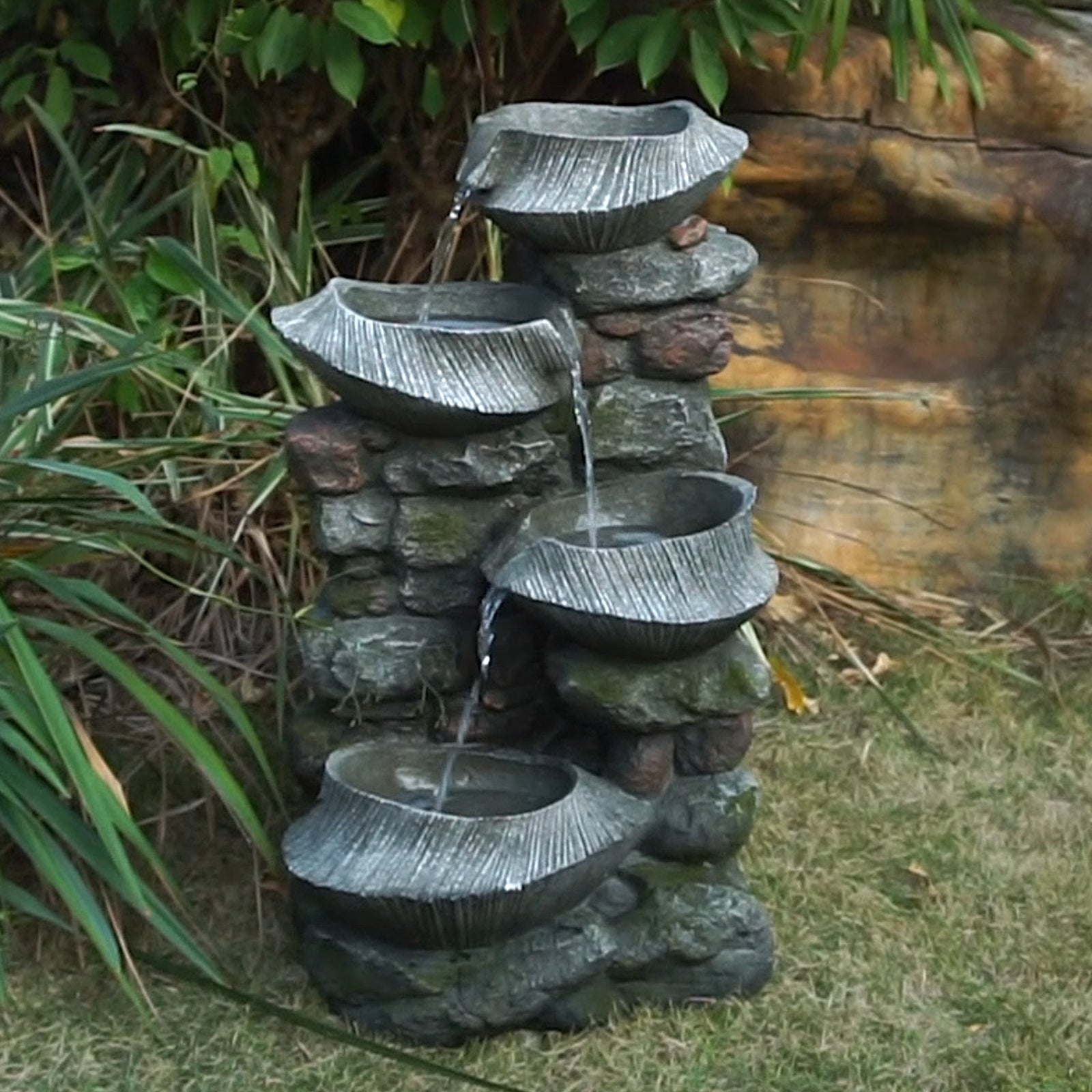 19X15X31.5" Indoor Outdoor Stone Water Fountain, 4 Tier Polyresin Cascading Rock Bowl Freestanding Fountain With Led Ligh Grey Garden & Outdoor Rustic,Traditional Polyresin