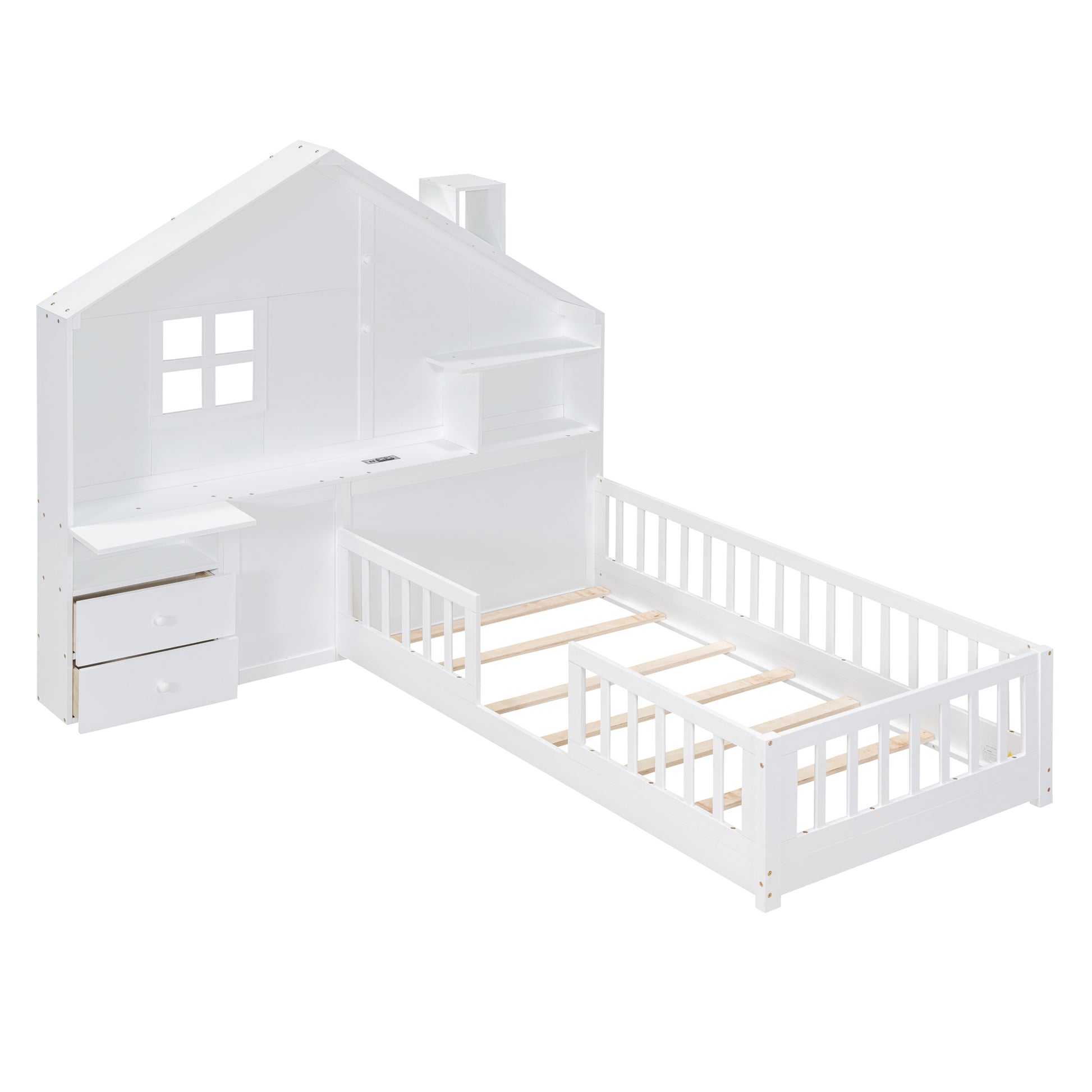 Twin Size House Bed With Window And Bedside Drawers, Platform Bed With Shelves And A Set Of Sockets And Usb Port, White White Solid Wood Mdf