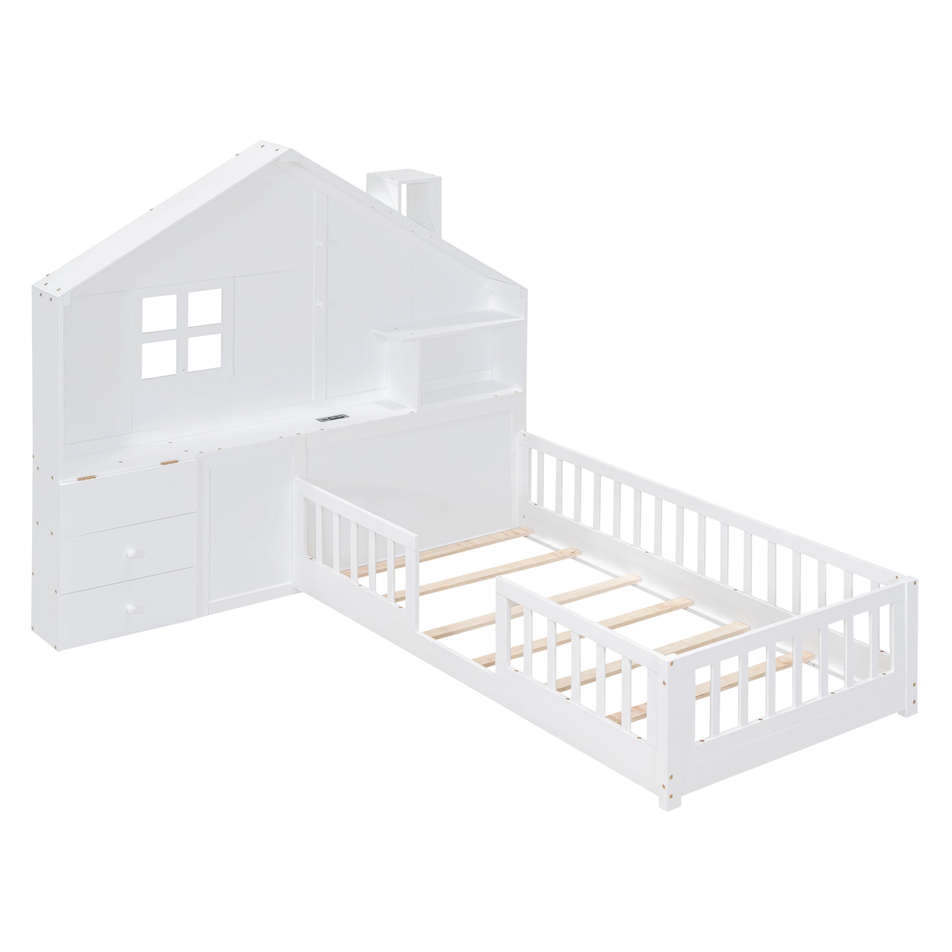 Twin Size House Bed With Window And Bedside Drawers, Platform Bed With Shelves And A Set Of Sockets And Usb Port, White White Solid Wood Mdf