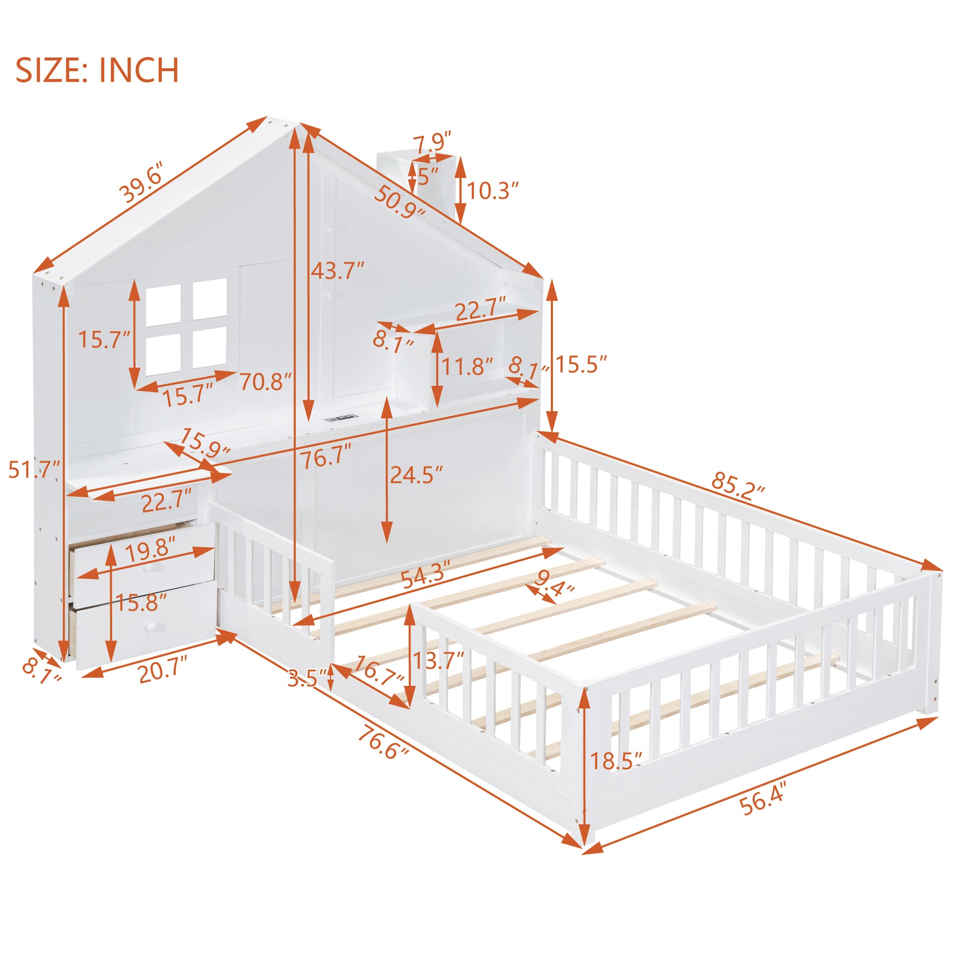 Full Size House Bed With Window And Bedside Drawers, Platform Bed With Shelves And A Set Of Sockets And Usb Port, White White Solid Wood Mdf