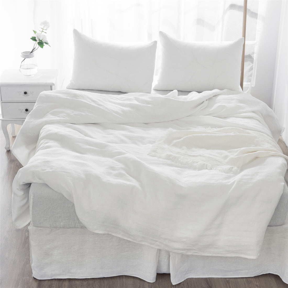 4 Pcs Bedding Sets Queen, Premium Linen Bedding Sheets & Pillowcases, Queen Bedding Sets, Soft White Bedding Sheet & Pillowcase Sets White Linen Linen