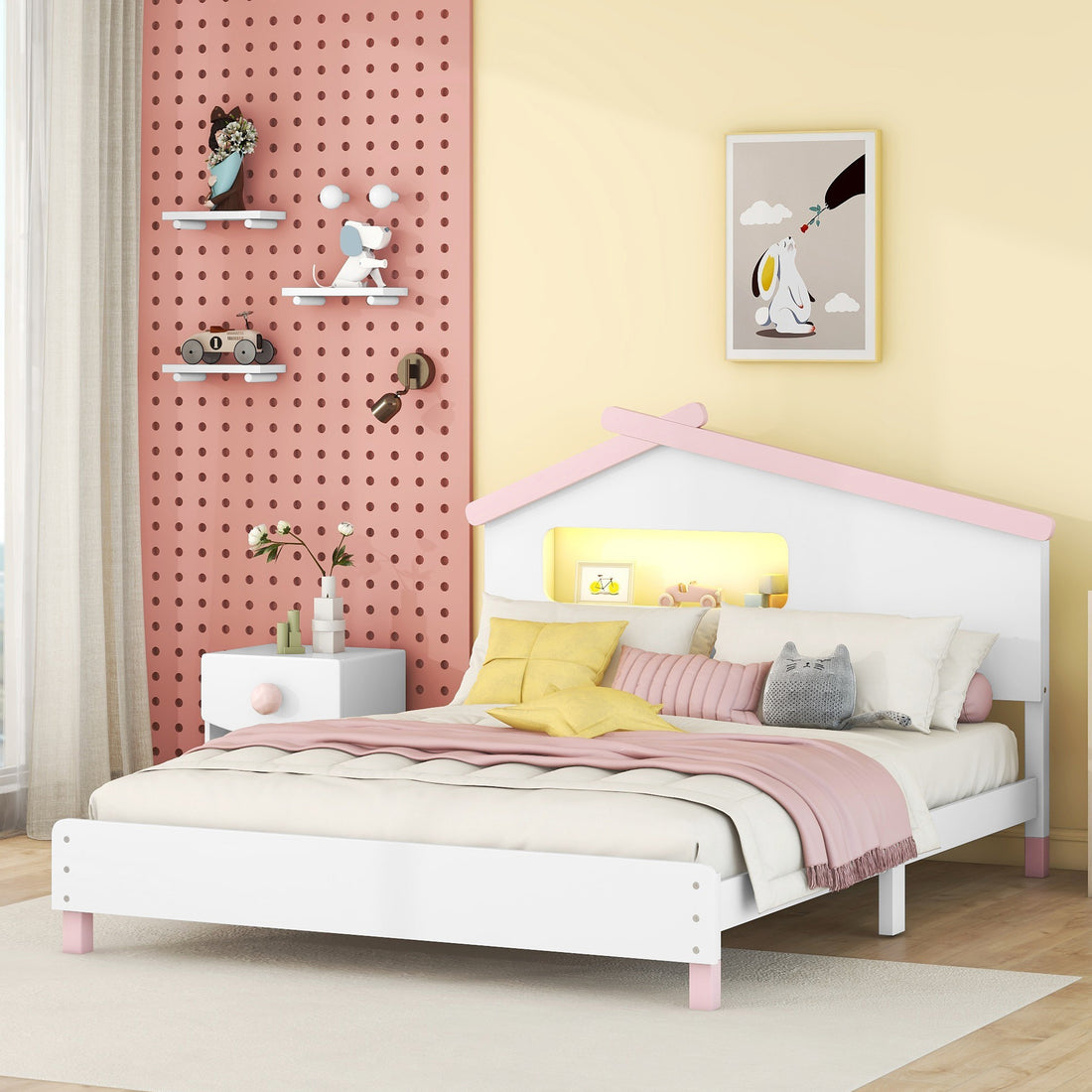 Full Size Wood Platform Bed With House Shaped Headboard And Motion Activated Night Lights White Pink White Pink Wood