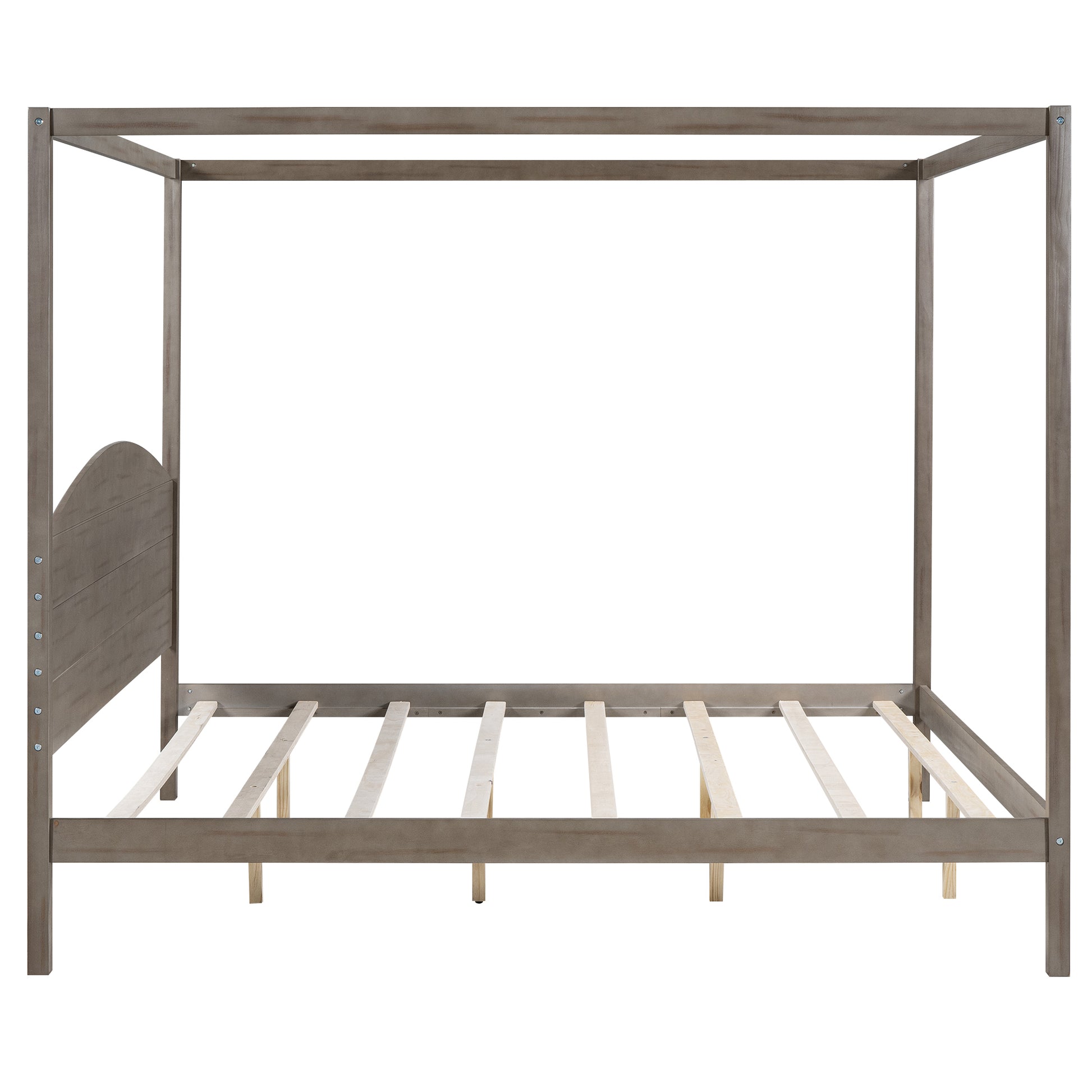 King Size Canopy Platform Bed With Headboard And Support Legs, Brown Wash Box Spring Not Required Brown Wood Pine