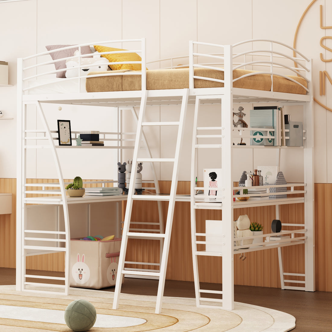 Full Size Loft Bed With 4 Layers Of Shelves And L Shaped Desk, Stylish Metal Frame Bed With A Set Of Sockets, Usb Ports And And Wireless Charging, White White Metal