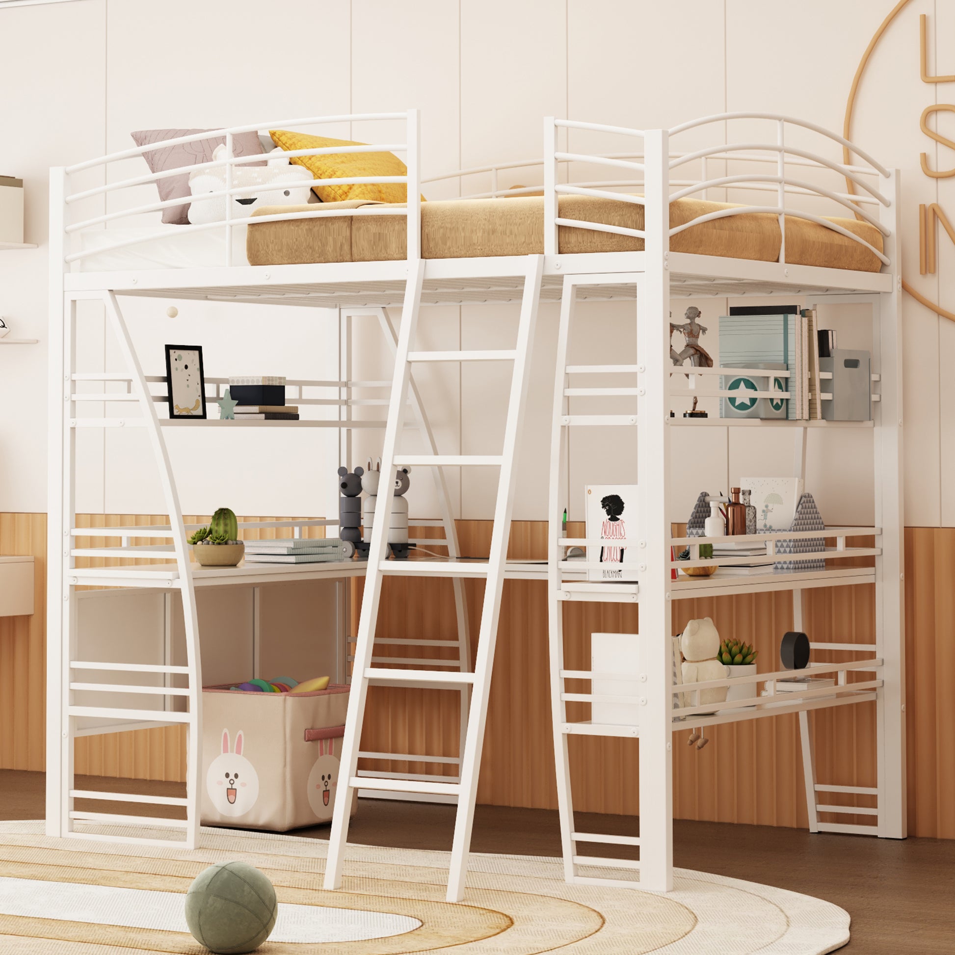 Full Size Loft Bed With 4 Layers Of Shelves And L Shaped Desk, Stylish Metal Frame Bed With A Set Of Sockets, Usb Ports And And Wireless Charging, White White Metal