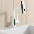 Pull Out Lift Led Temperature Digital Display Bathroom Basin Faucet, Single Handle 360 Rotatable Waterfall 3 In 1 Basin Tap With Adjustable Height White One White Deck Mounted Lever Handles 1 Hole Faucets Stainless Steel