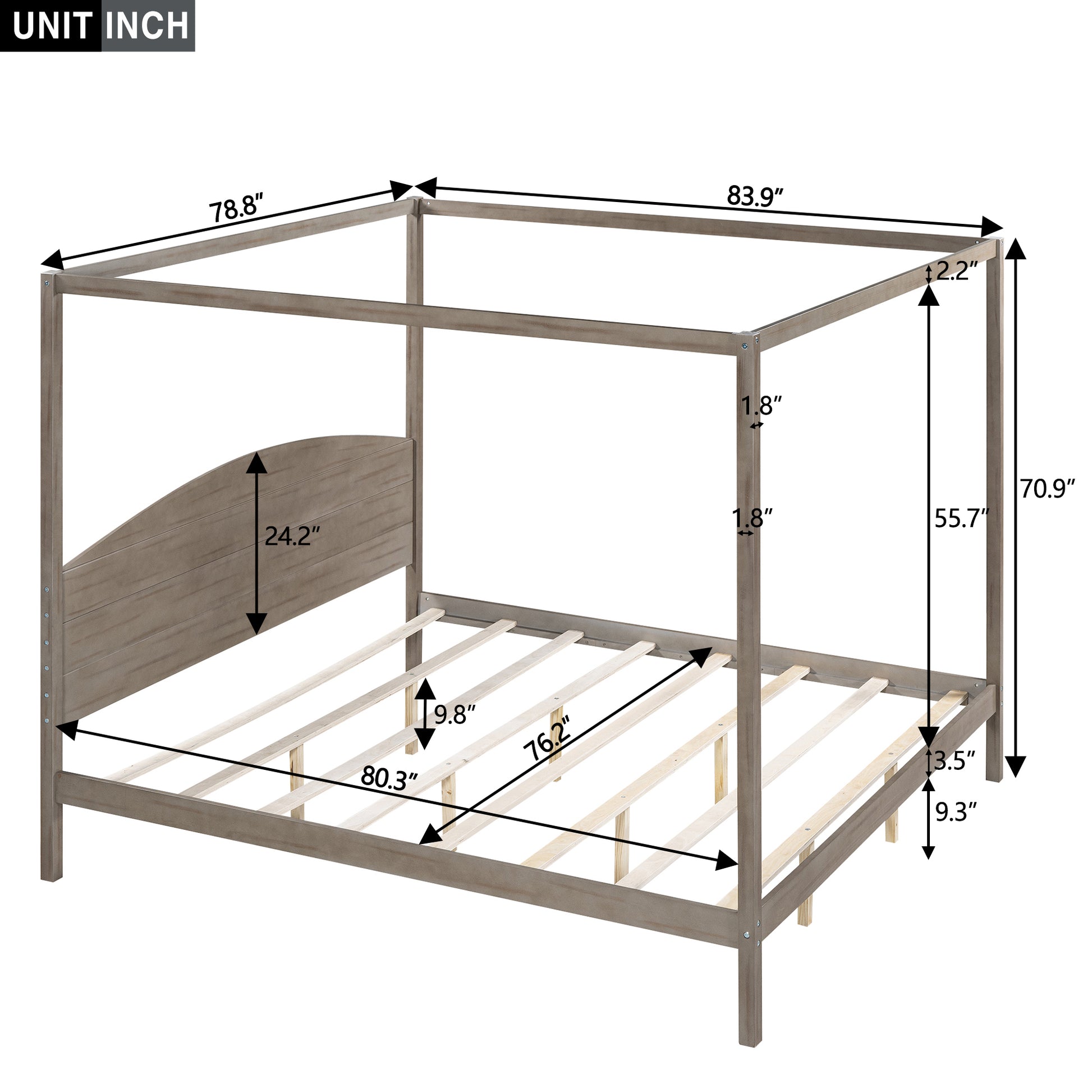 King Size Canopy Platform Bed With Headboard And Support Legs, Brown Wash Box Spring Not Required Brown Wood Pine