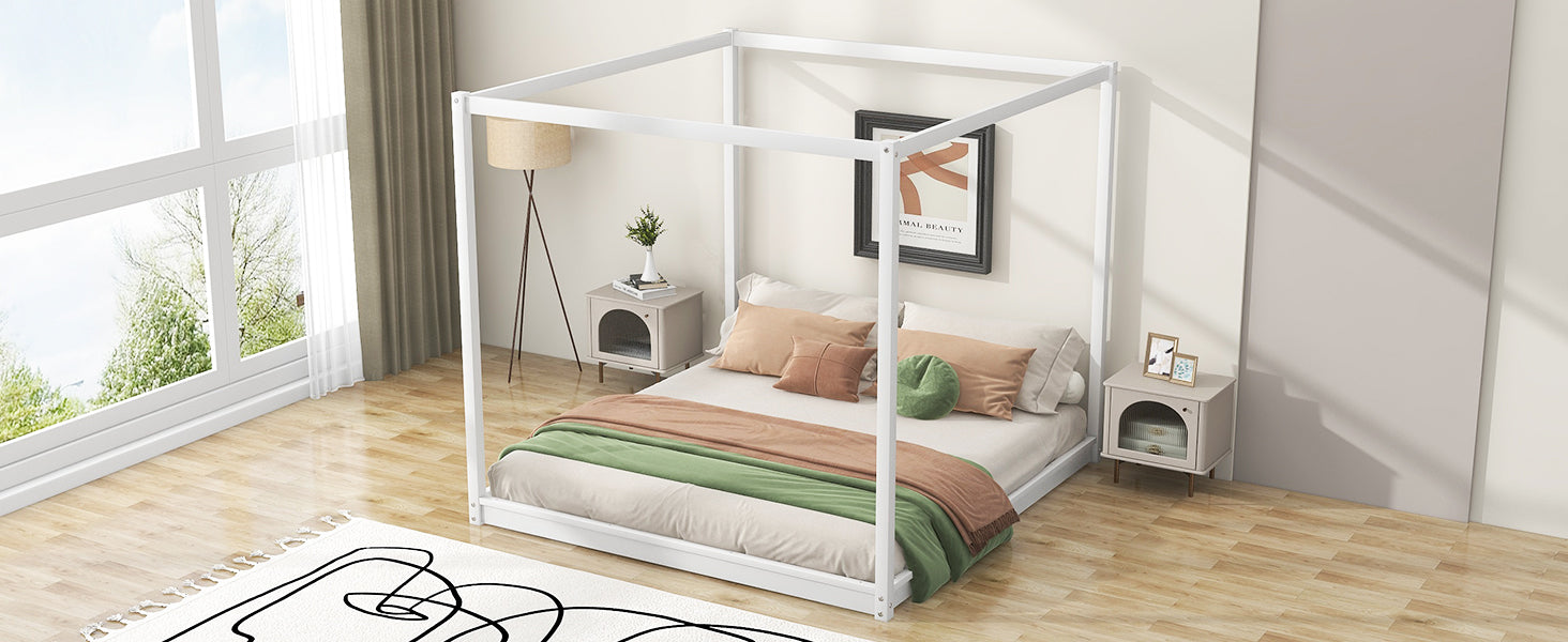 King Size Canopy Platform Bed With Support Legs,White Box Spring Not Required King White Wood Bedroom Canopy Pine