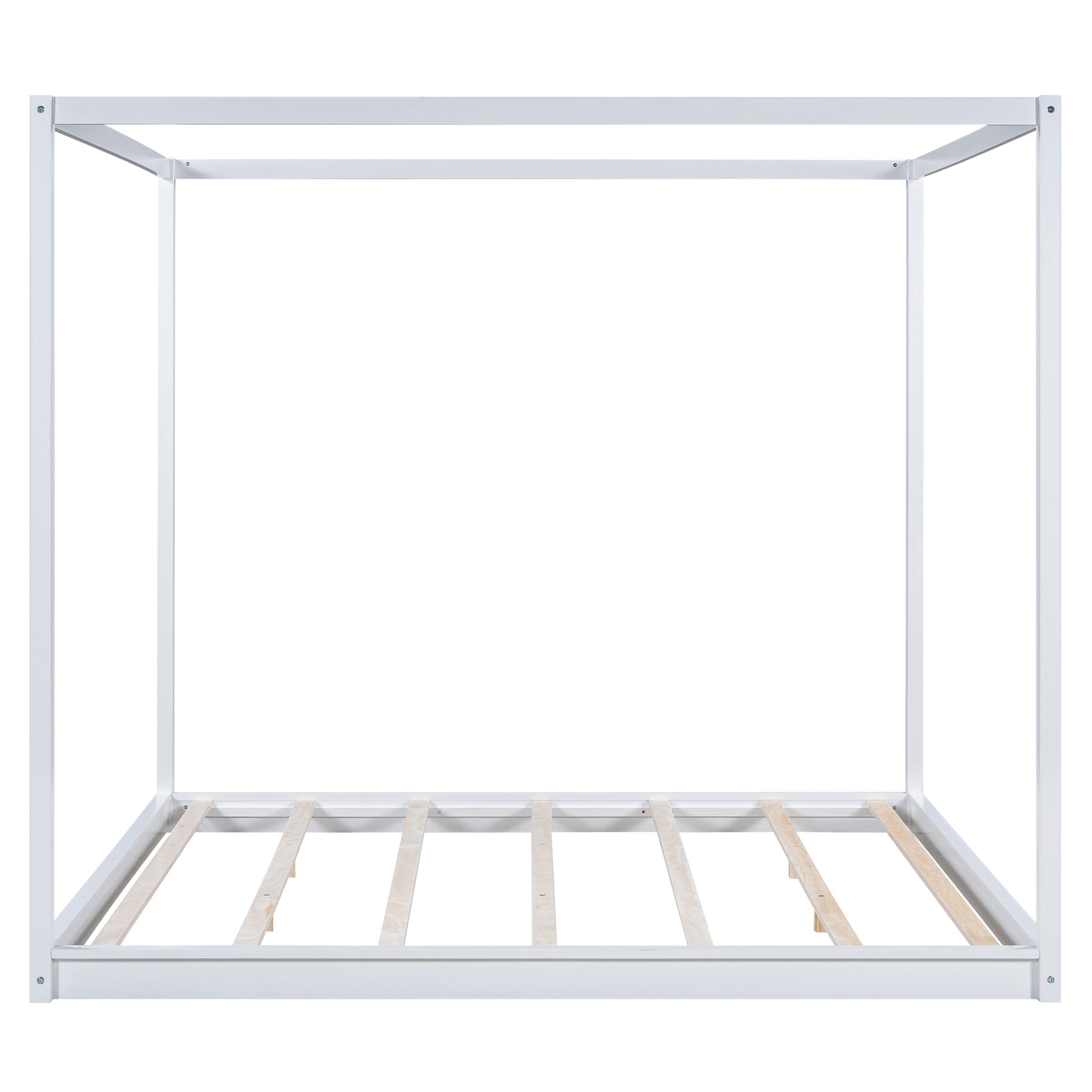 King Size Canopy Platform Bed With Support Legs,White Box Spring Not Required King White Wood Bedroom Canopy Pine