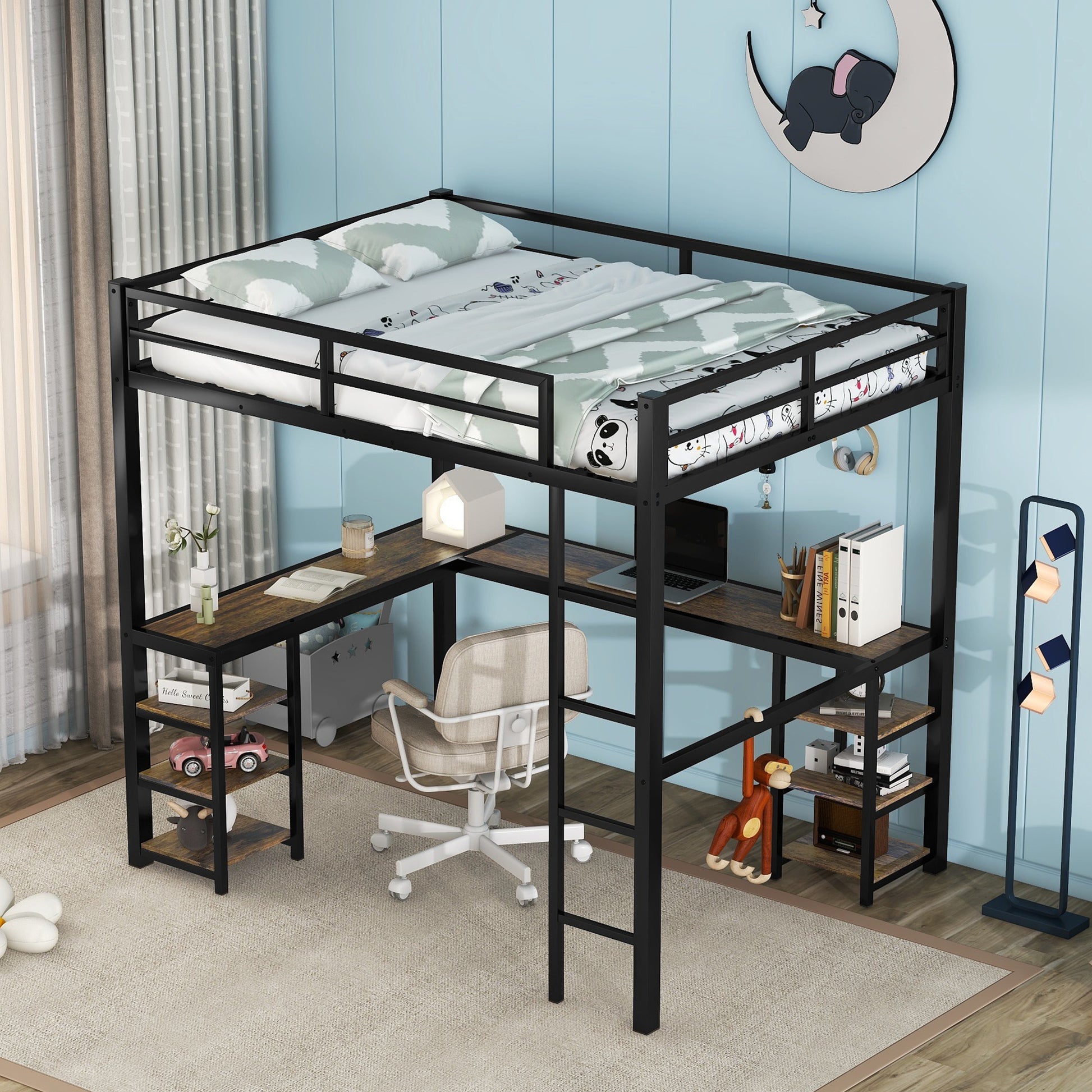 Full Metal Loft Bed With Desk And Shelves, Loft Bed With Ladder And Guardrails, Loft Bed Frame For Bedroom, Black Old Sku: W1307S00016 Pre Sale Date: 2024 3 7. Black Metal