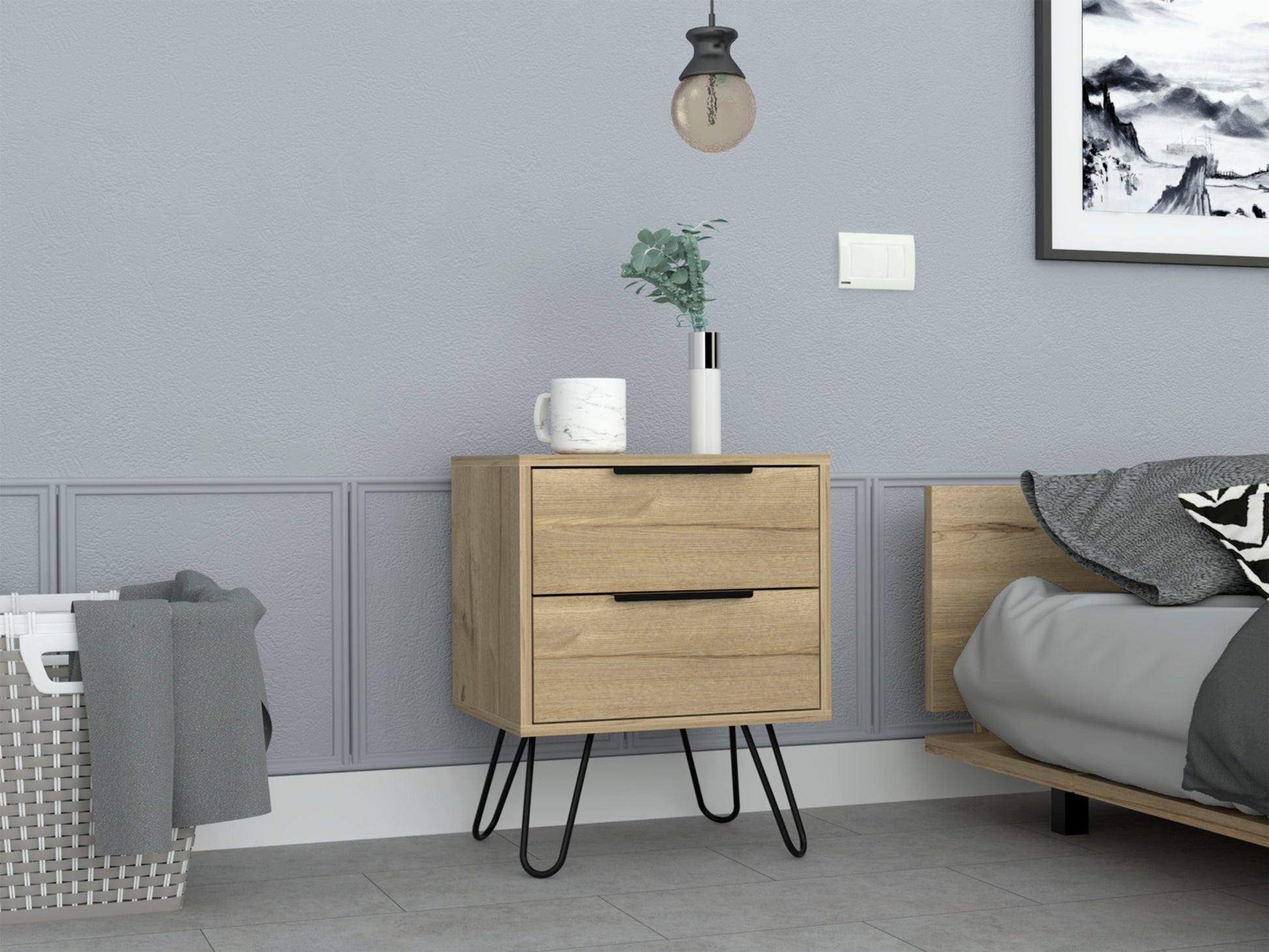 Nightstand Skyoner 2, Harpin Legs, Two Drawers, Light Oak Finish Light Oak Particle Board