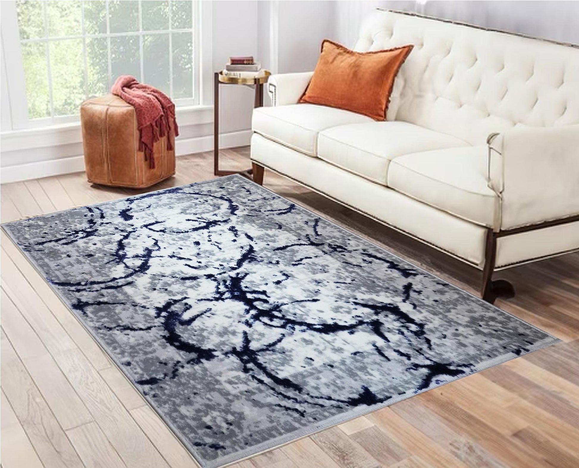 Penina Luxury Area Rug In Gray With Navy Blue Circles Abstract Design Multicolor Polyester