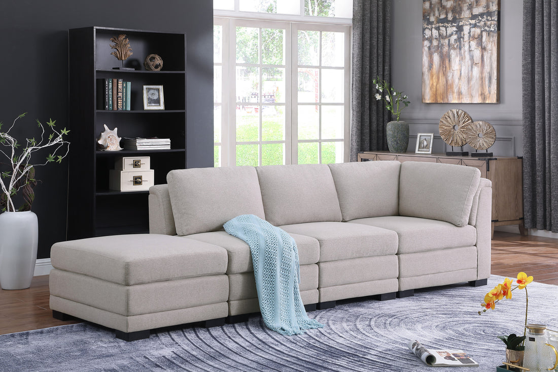 Kristin 112" Light Gray Linen Fabric Reversible Sofa With Ottoman Light Gray Linen