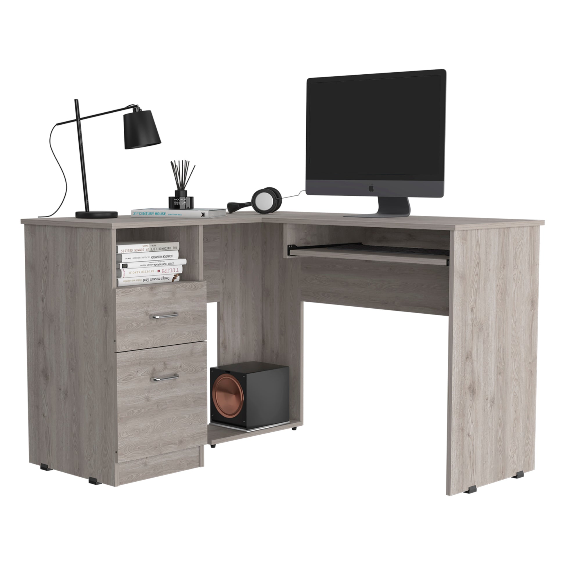 L Shaped Desk Bradford, Keyboard Shelf, Light Gray Finish Light Gray Particle Board