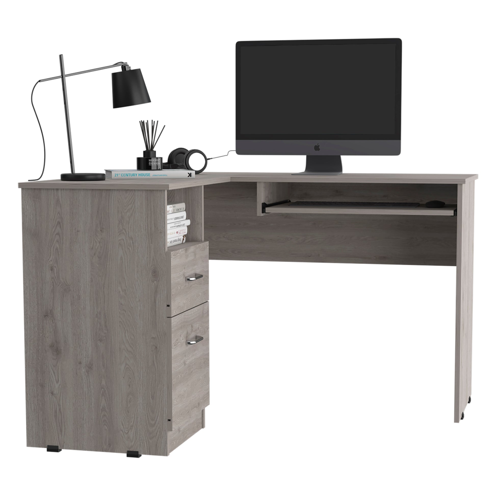 L Shaped Desk Bradford, Keyboard Shelf, Light Gray Finish Light Gray Particle Board