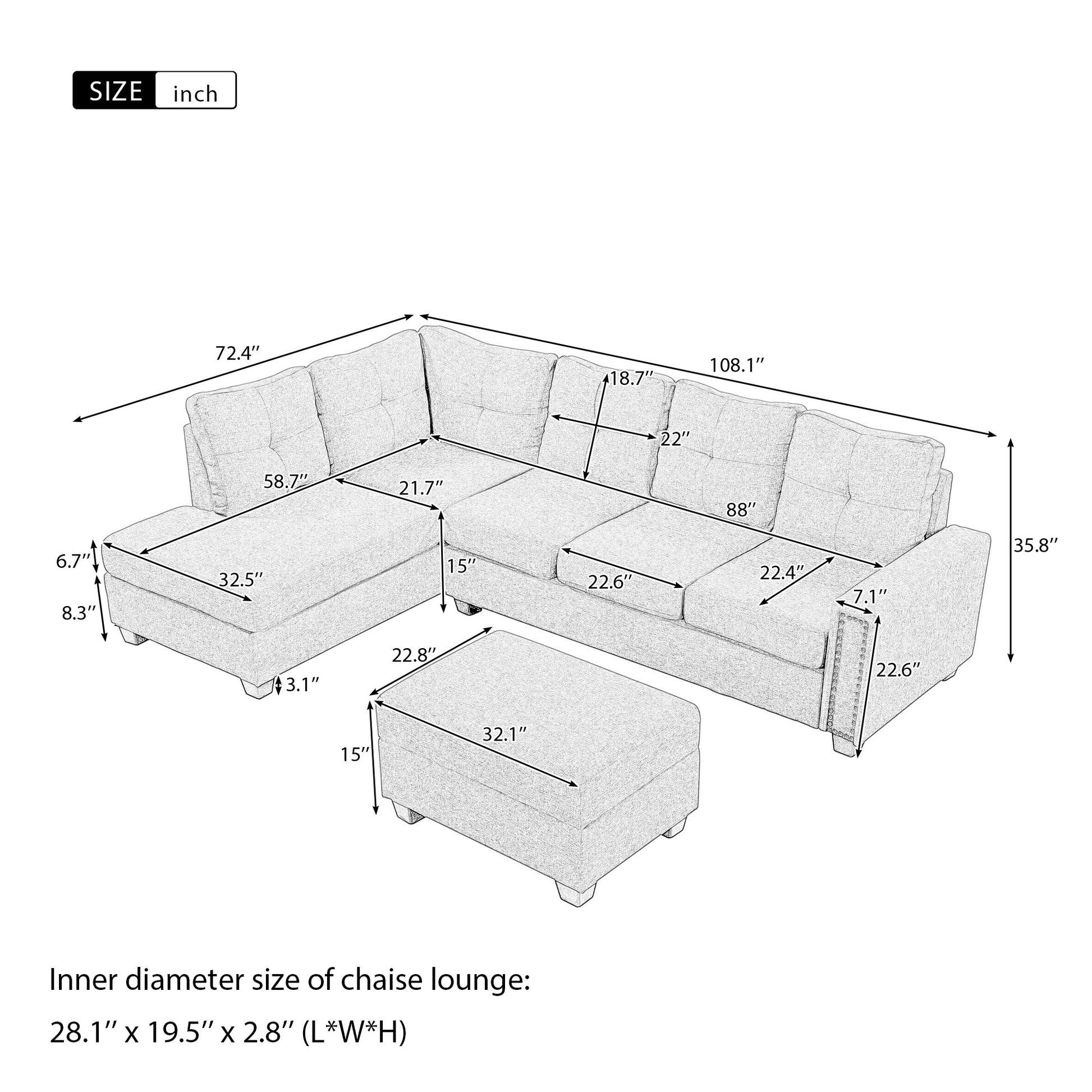 Orisfur. Reversible Sectional Sofa Space Saving With Storage Ottoman Rivet Ornament L Shape Couch For Large Space Dorm Apartment Gray Foam Linen 5 Seat