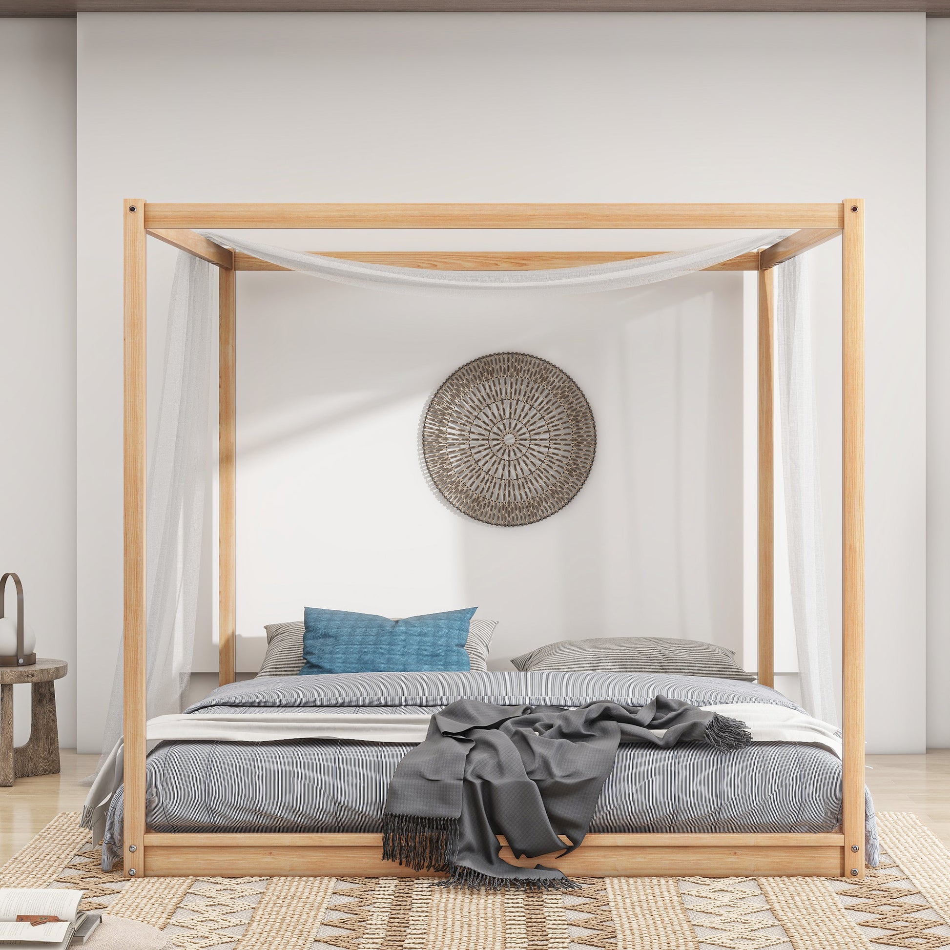 King Size Canopy Platform Bed With Support Legs, Natural Box Spring Not Required King Natural Wood Bedroom Canopy Pine