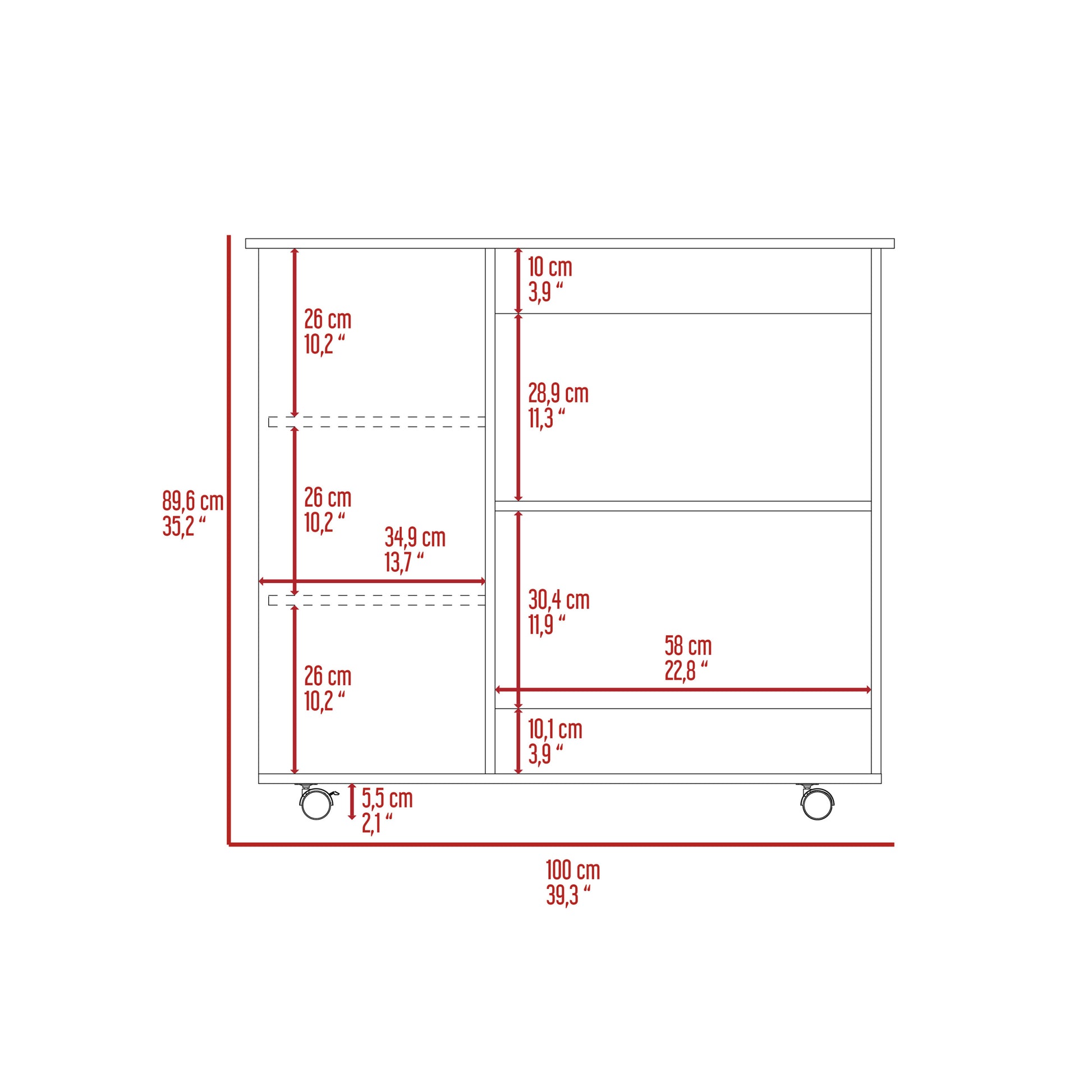 Kitchen Cart Kamizaze, Two Storage Shelves, Four Casters, Three Side Shelves, White Dark Brown Finish Dark Brown White Particle Board