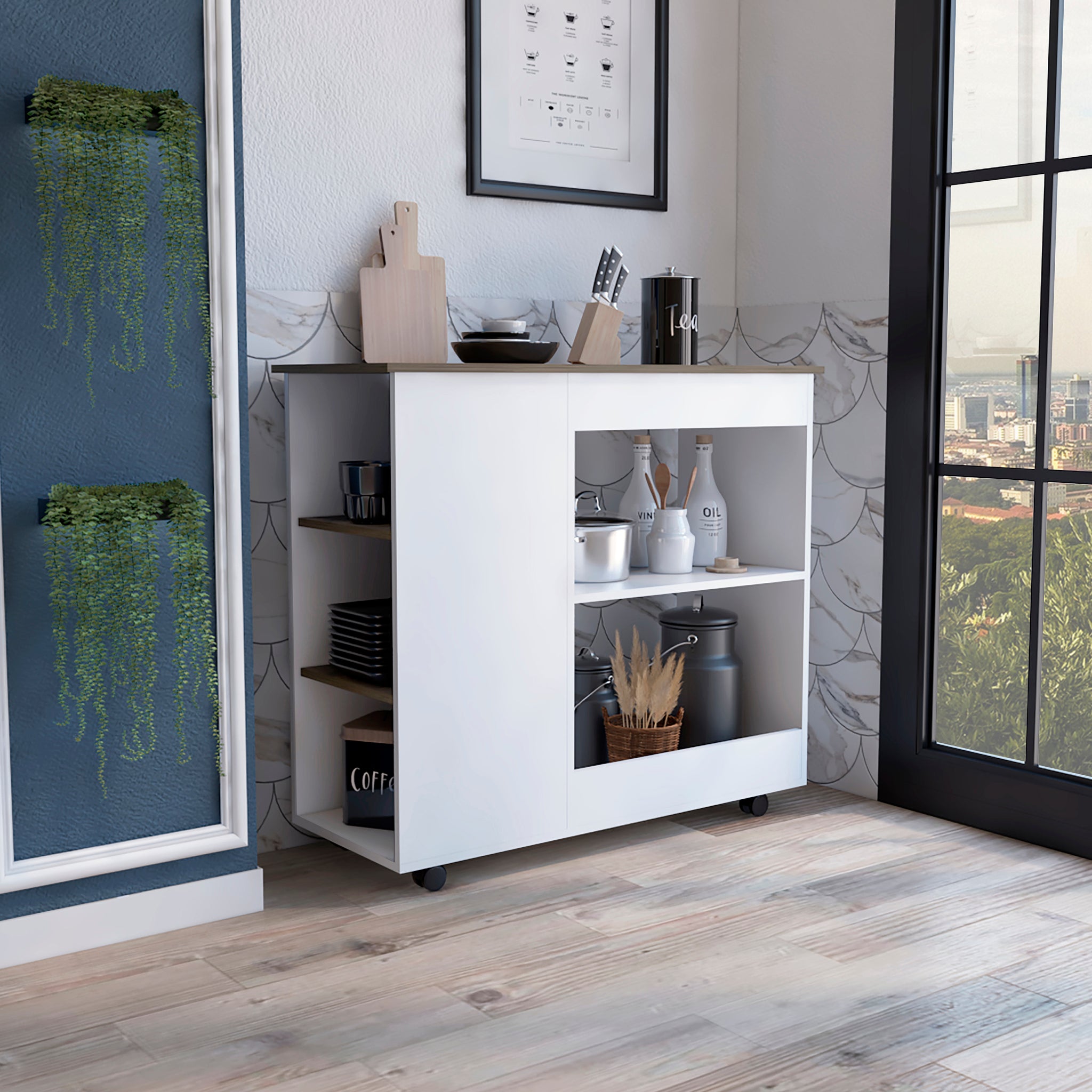 Kitchen Cart Kamizaze, Two Storage Shelves, Four Casters, Three Side Shelves, White Dark Brown Finish Dark Brown White Particle Board