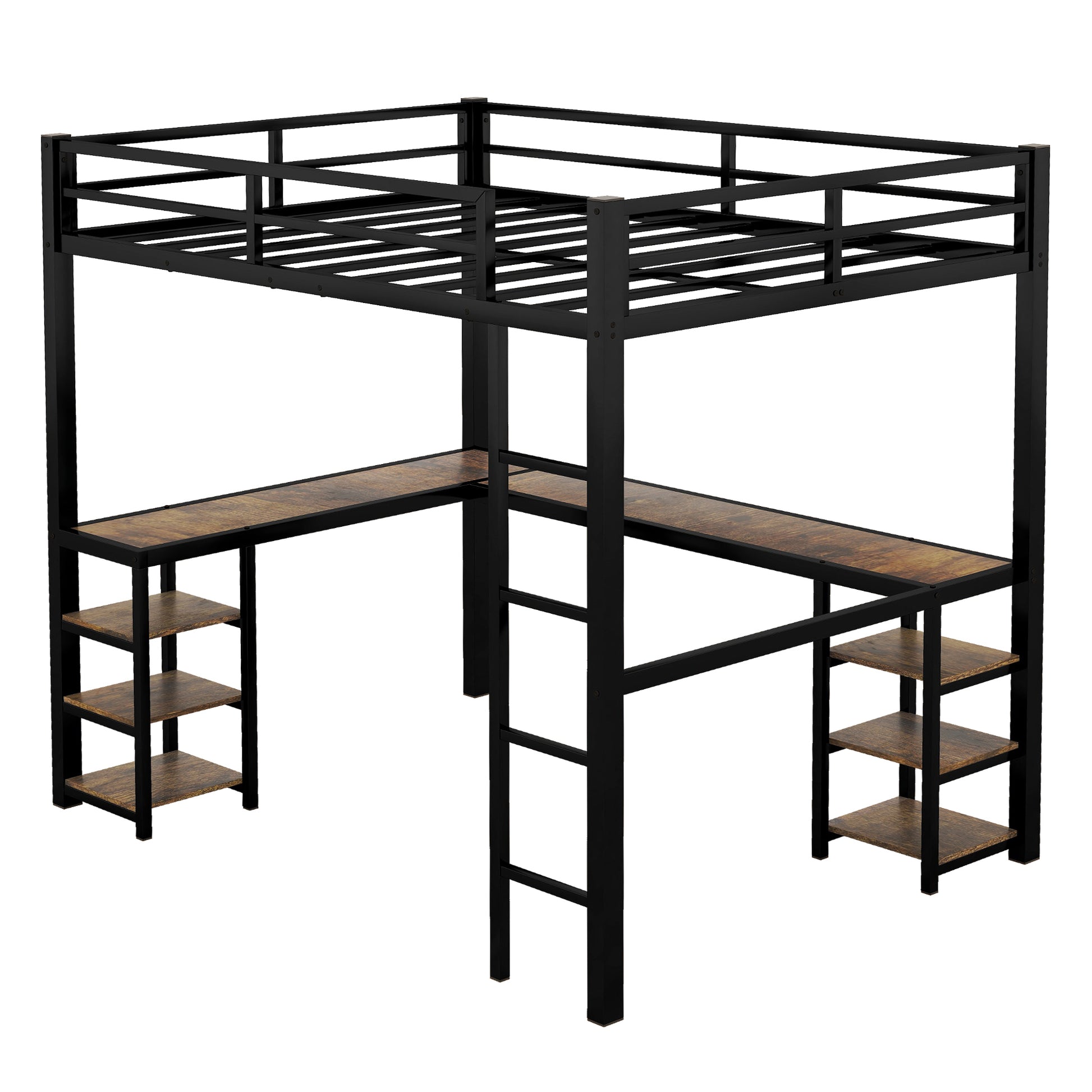 Full Metal Loft Bed With Desk And Shelves, Loft Bed With Ladder And Guardrails, Loft Bed Frame For Bedroom, Black Old Sku: W1307S00016 Pre Sale Date: 2024 3 7. Black Metal