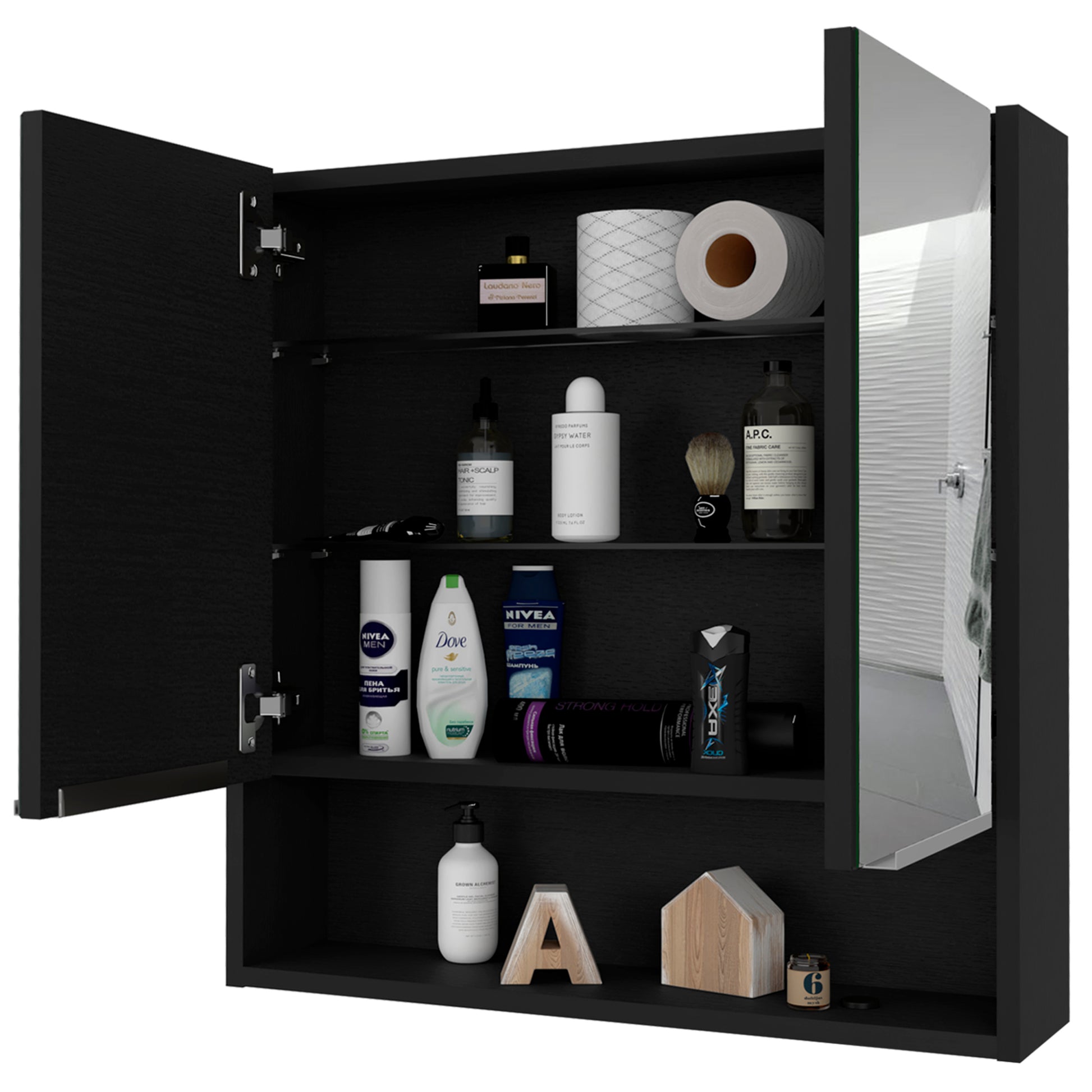 Medicine Cabinet With Mirror Lexington,Three Internal Shelves, Black Wengue Finish Black Particle Board